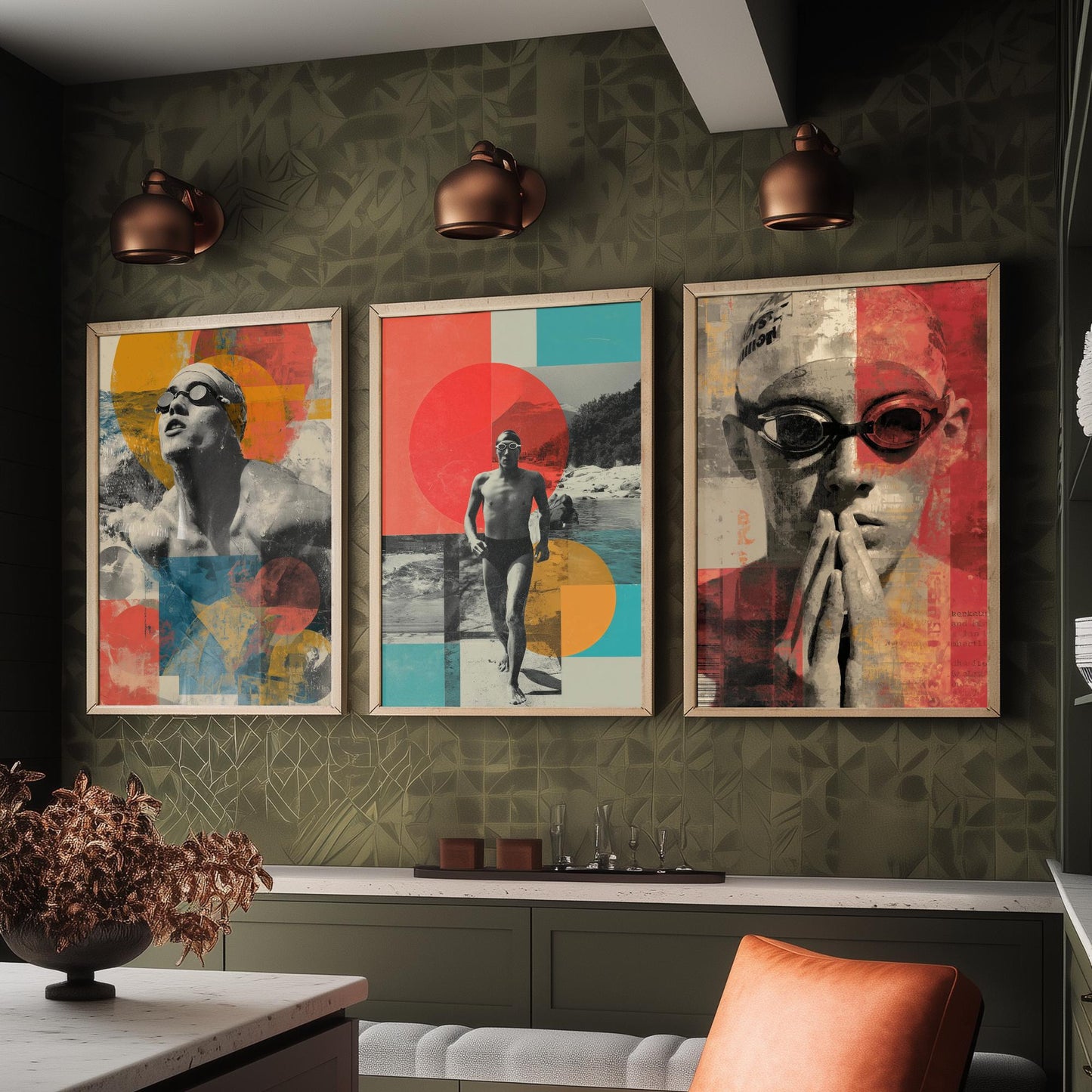 Set of Three Swimmer Art Prints - Backstroke Breaststroke Poolside Athlete Poster - Bold Collage Illustration Water V2