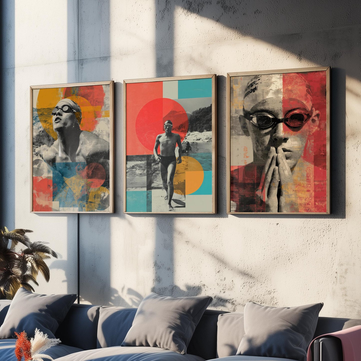 Set of Three Swimmer Art Prints - Backstroke Breaststroke Poolside Athlete Poster - Bold Collage Illustration Water V2