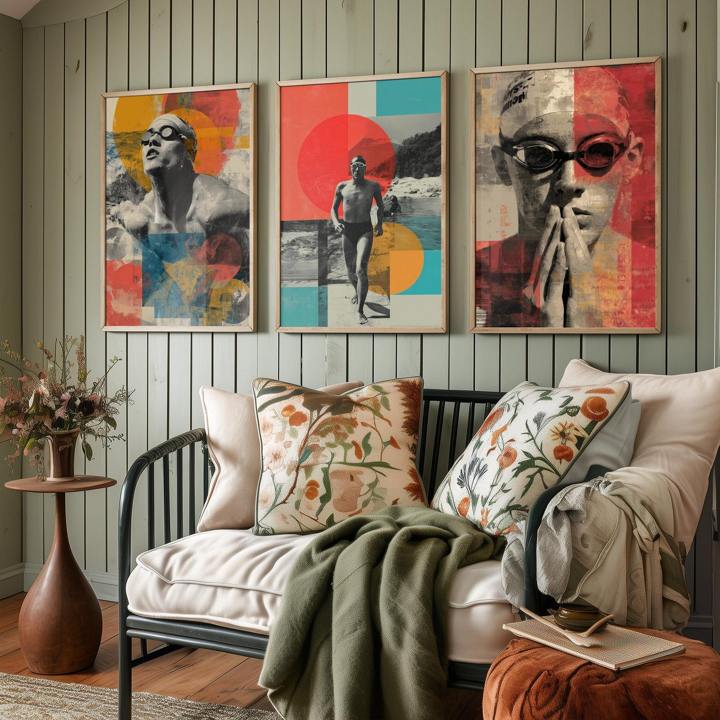 Set of Three Swimmer Art Prints - Backstroke Breaststroke Poolside Athlete Poster - Bold Collage Illustration Water V2