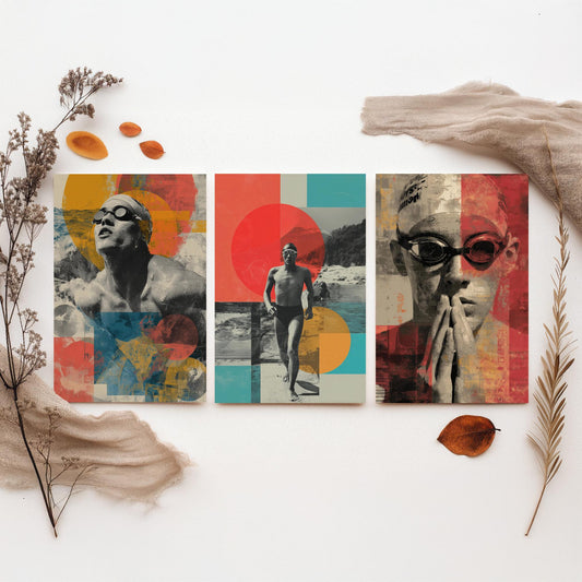 Set of Three Swimmer Art Prints - Backstroke Breaststroke Poolside Athlete Poster - Bold Collage Illustration Water V2