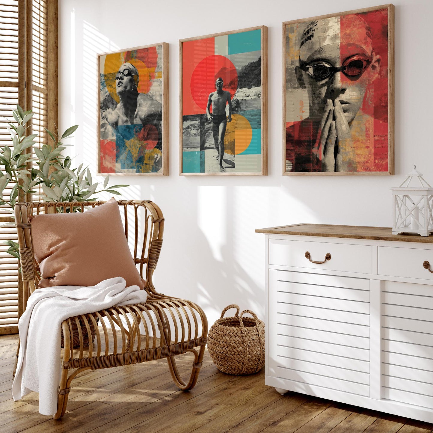 Set of Three Swimmer Art Prints - Backstroke Breaststroke Poolside Athlete Poster - Bold Collage Illustration Water V2