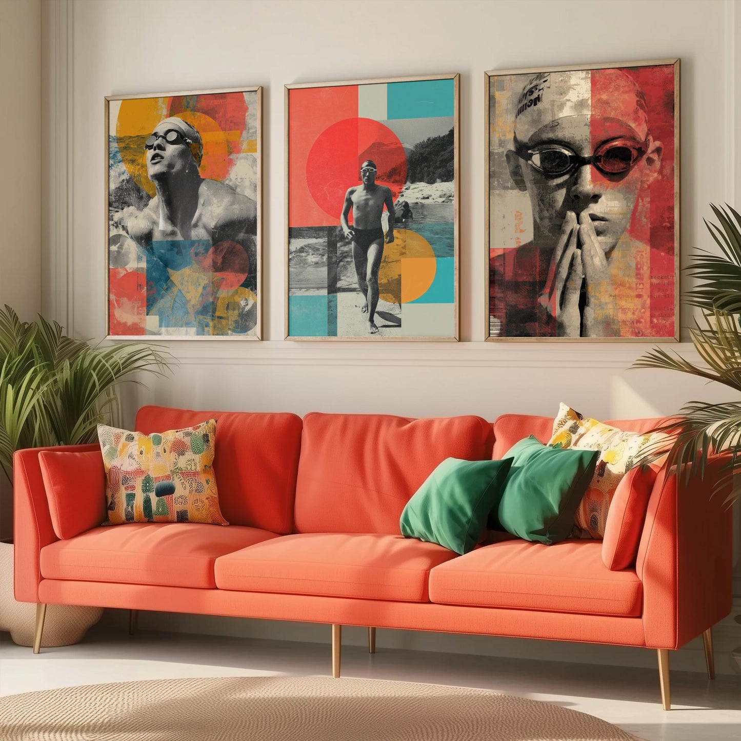 Set of Three Swimmer Art Prints - Backstroke Breaststroke Poolside Athlete Poster - Bold Collage Illustration Water V2