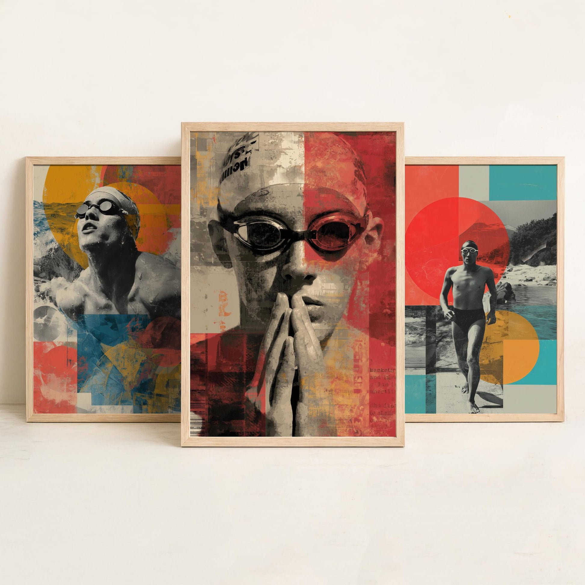 Set of Three Swimmer Art Prints - Backstroke Breaststroke Poolside Athlete Poster - Bold Collage Illustration Water V2