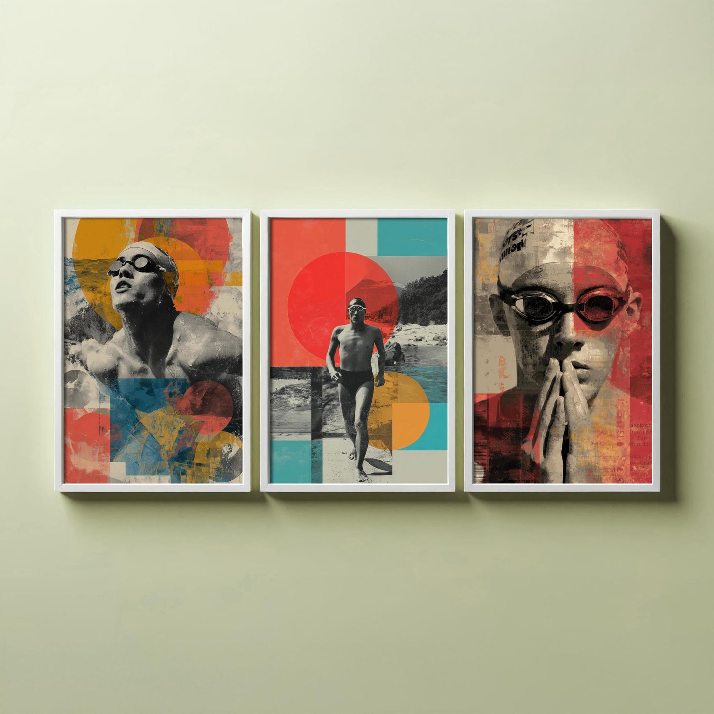 Set of Three Swimmer Art Prints - Backstroke Breaststroke Poolside Athlete Poster - Bold Collage Illustration Water V2