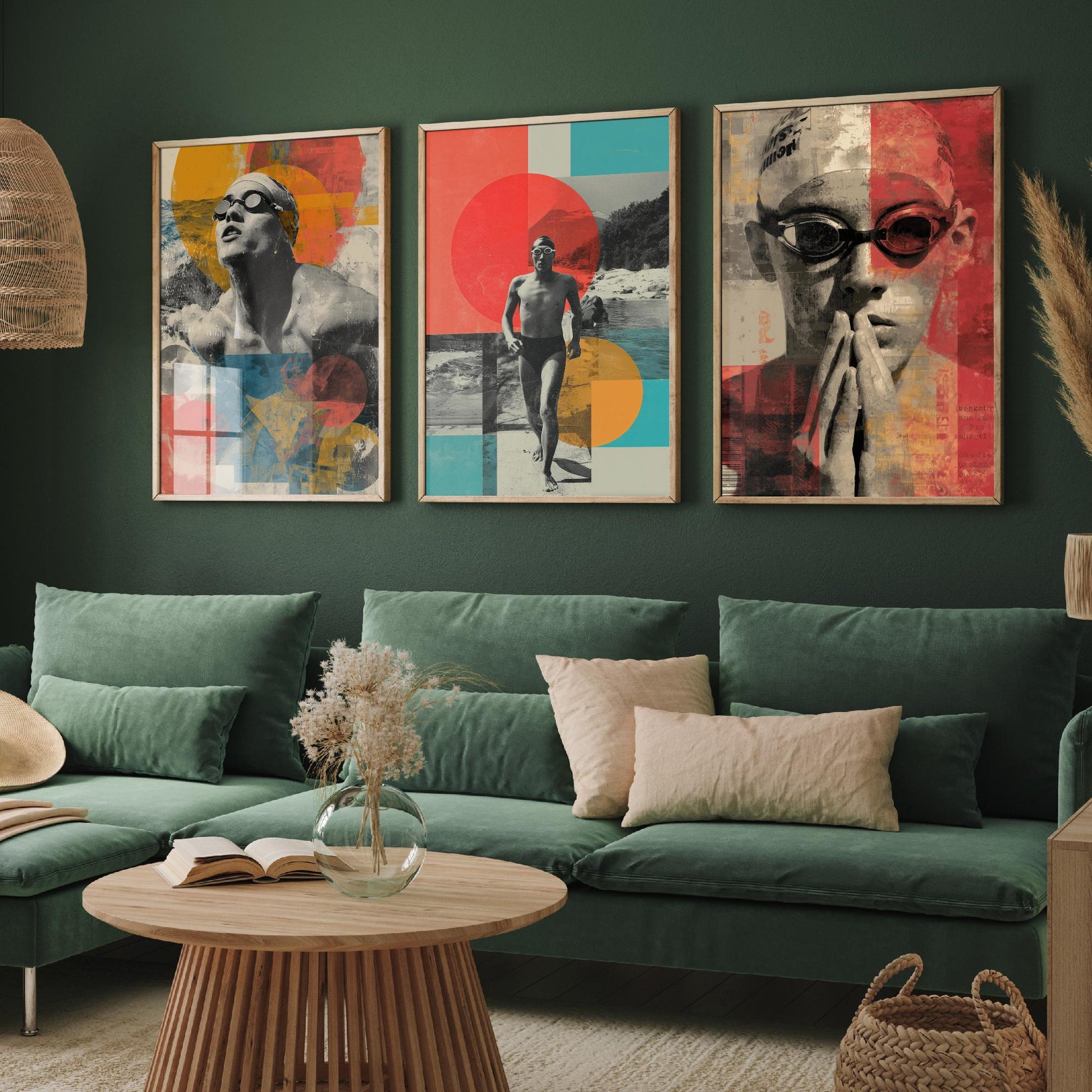 Set of Three Swimmer Art Prints - Backstroke Breaststroke Poolside Athlete Poster - Bold Collage Illustration Water V2