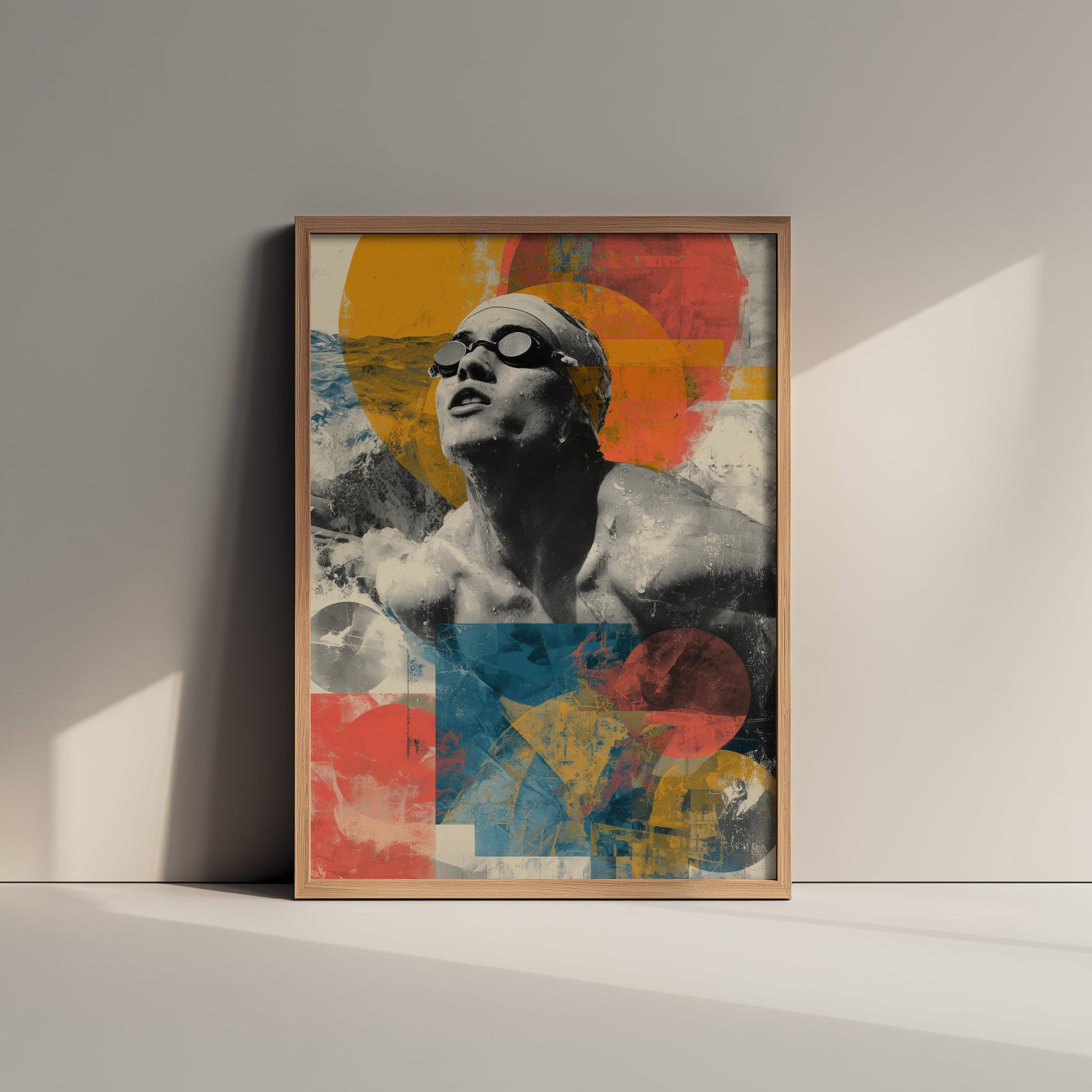 Swimming Collage Art Print - Retro Swimmer Poster - Vintage Sport Illustration - Geometric Swim V2 1/3