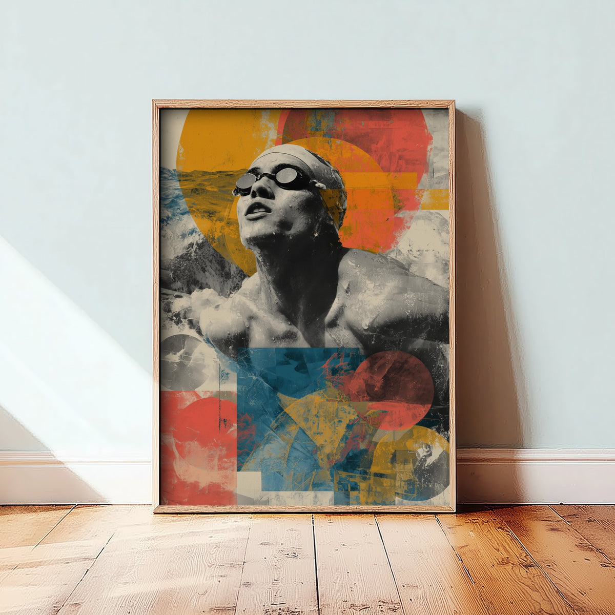 Swimming Collage Art Print - Retro Swimmer Poster - Vintage Sport Illustration - Geometric Swim V2 1/3