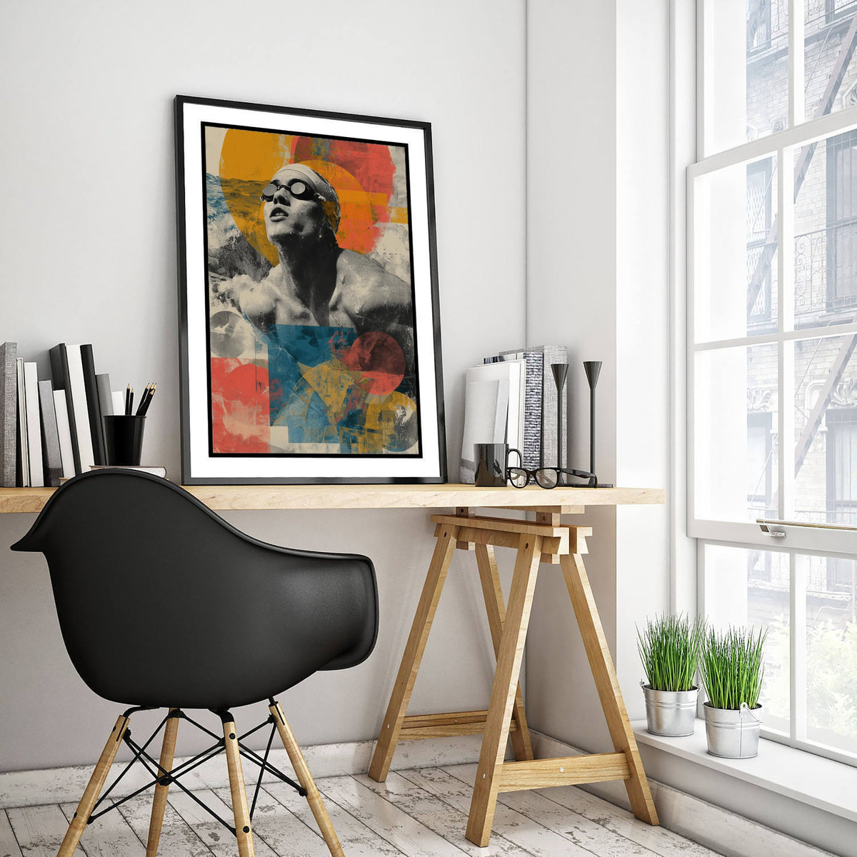 Swimming Collage Art Print - Retro Swimmer Poster - Vintage Sport Illustration - Geometric Swim V2 1/3
