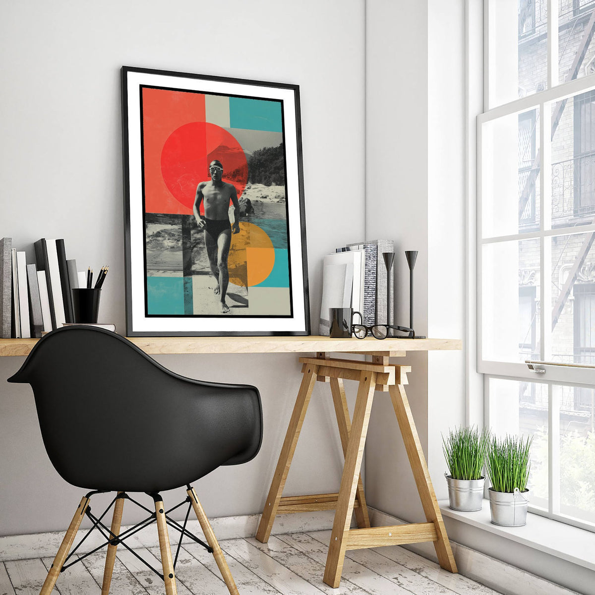 Swimming Collage Art Print - Retro Swimmer Poster - Vintage Sport Illustration - Beach Swim V2 2/3