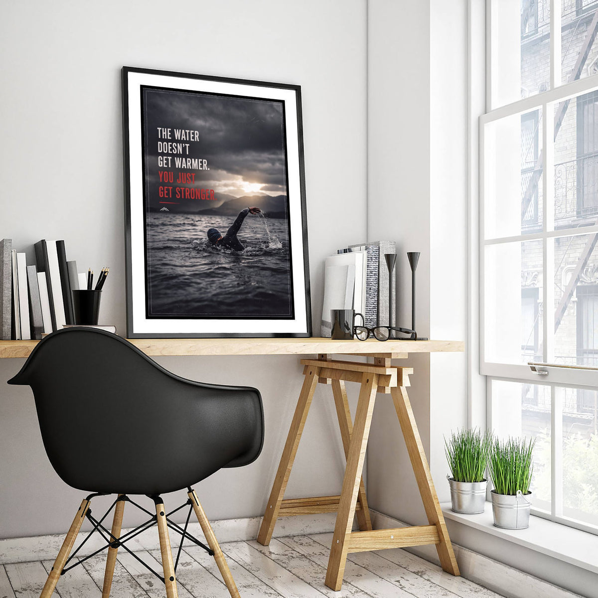 Swimming Motivational Quote Poster - The Water Doesn't Get Warmer You Just Get Stronger - Wild Swimmer Photo Art Print 1/3