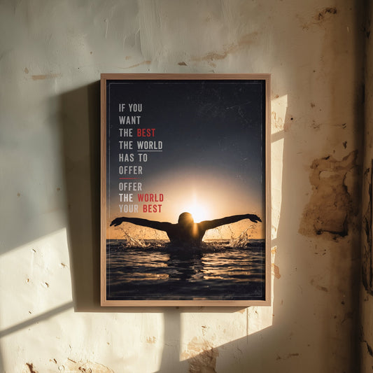 Swimming Motivation Poster - Offer the World Your Best Quote - Butterfly Stroke Sunset Photo Art Print - Golden Light Swimmer 2/3