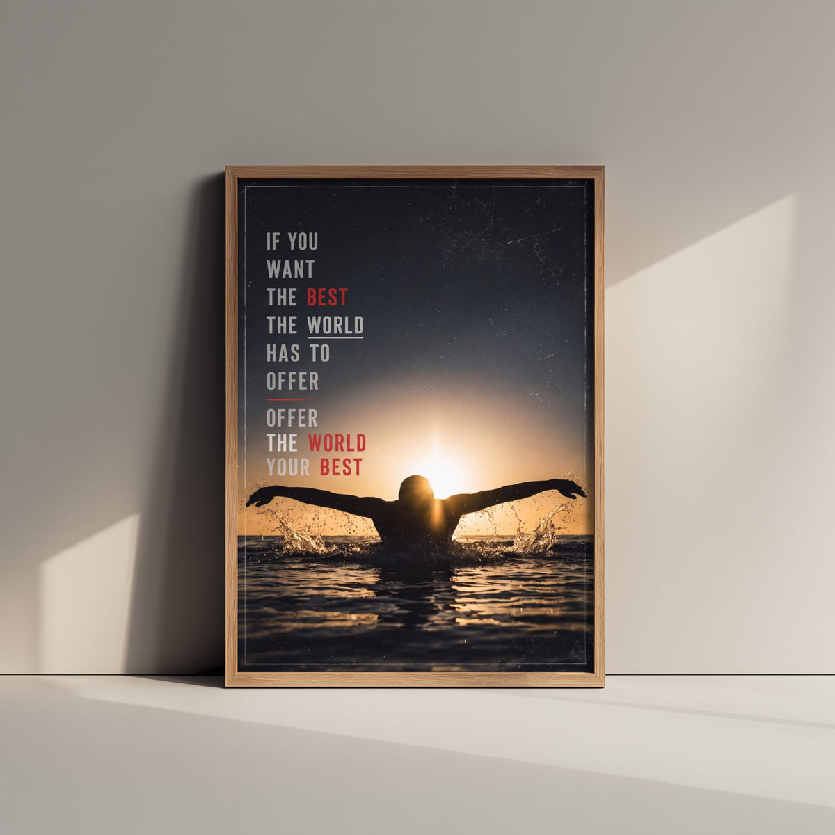 Swimming Motivation Poster - Offer the World Your Best Quote - Butterfly Stroke Sunset Photo Art Print - Golden Light Swimmer 2/3