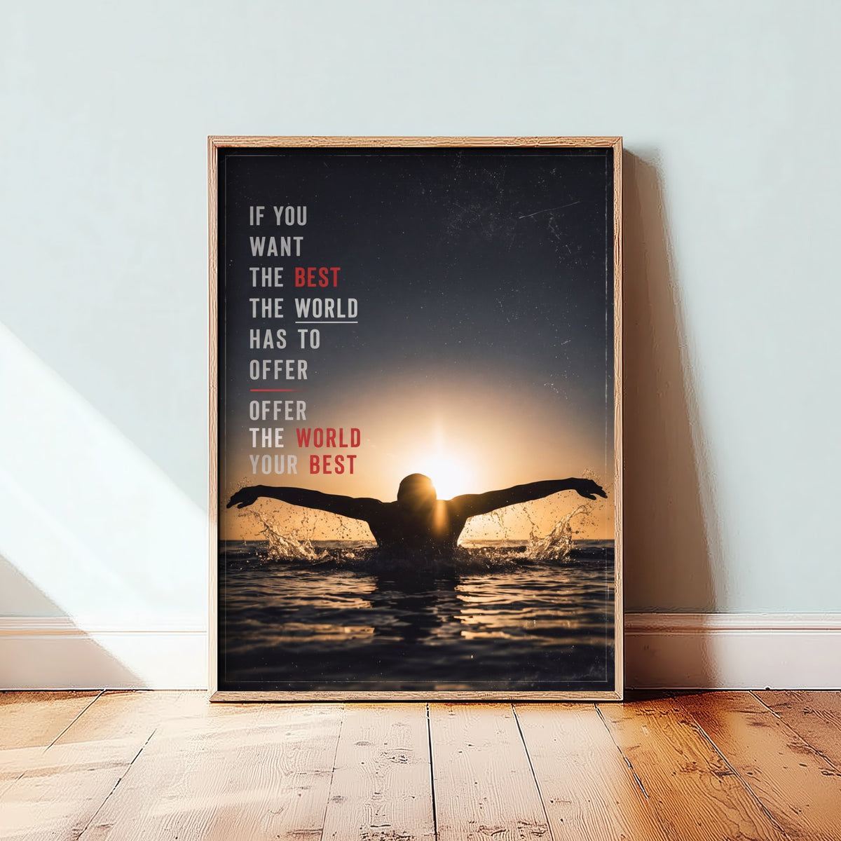 Swimming Motivation Poster - Offer the World Your Best Quote - Butterfly Stroke Sunset Photo Art Print - Golden Light Swimmer 2/3