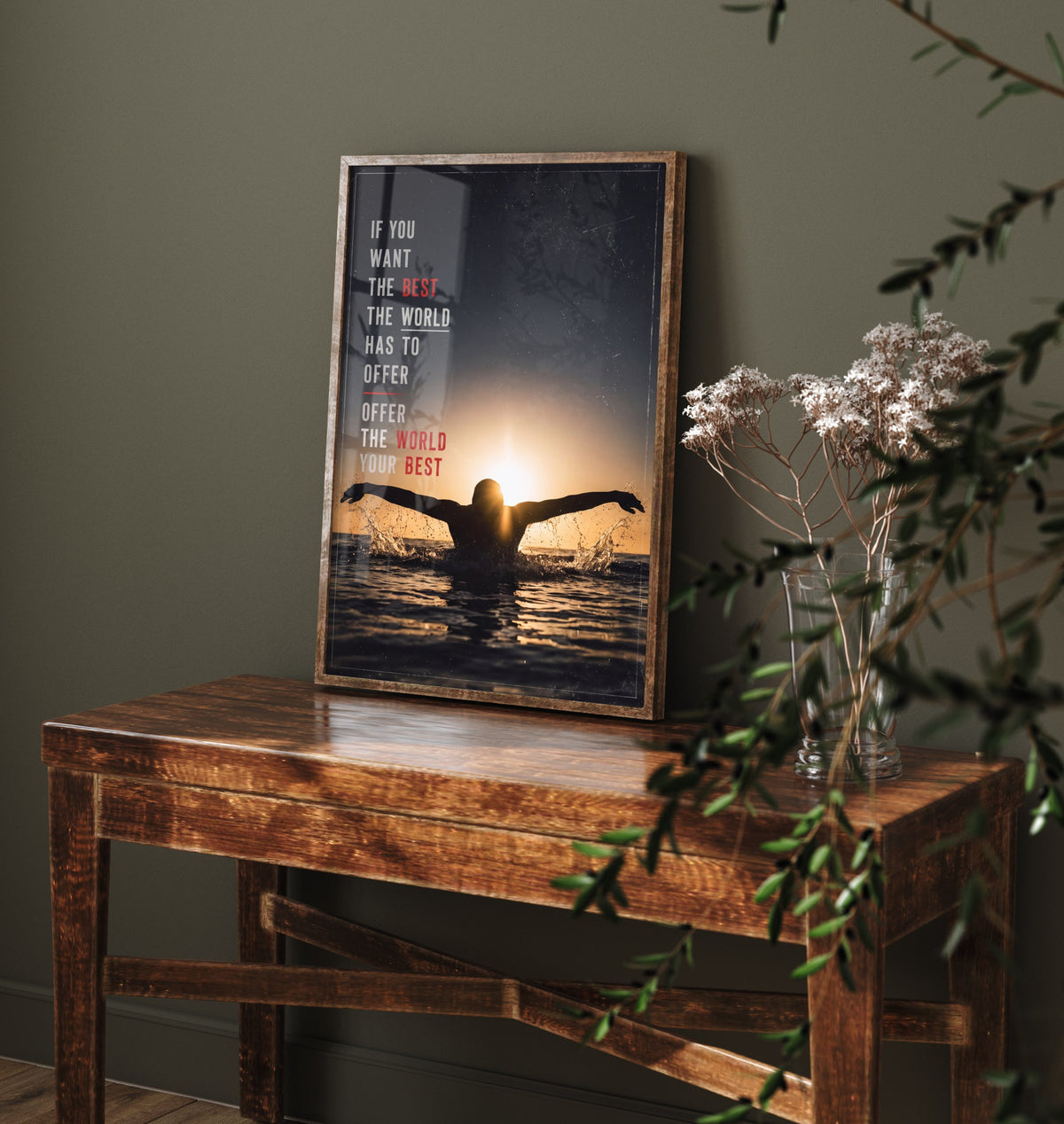 Swimming Motivation Poster - Offer the World Your Best Quote - Butterfly Stroke Sunset Photo Art Print - Golden Light Swimmer 2/3