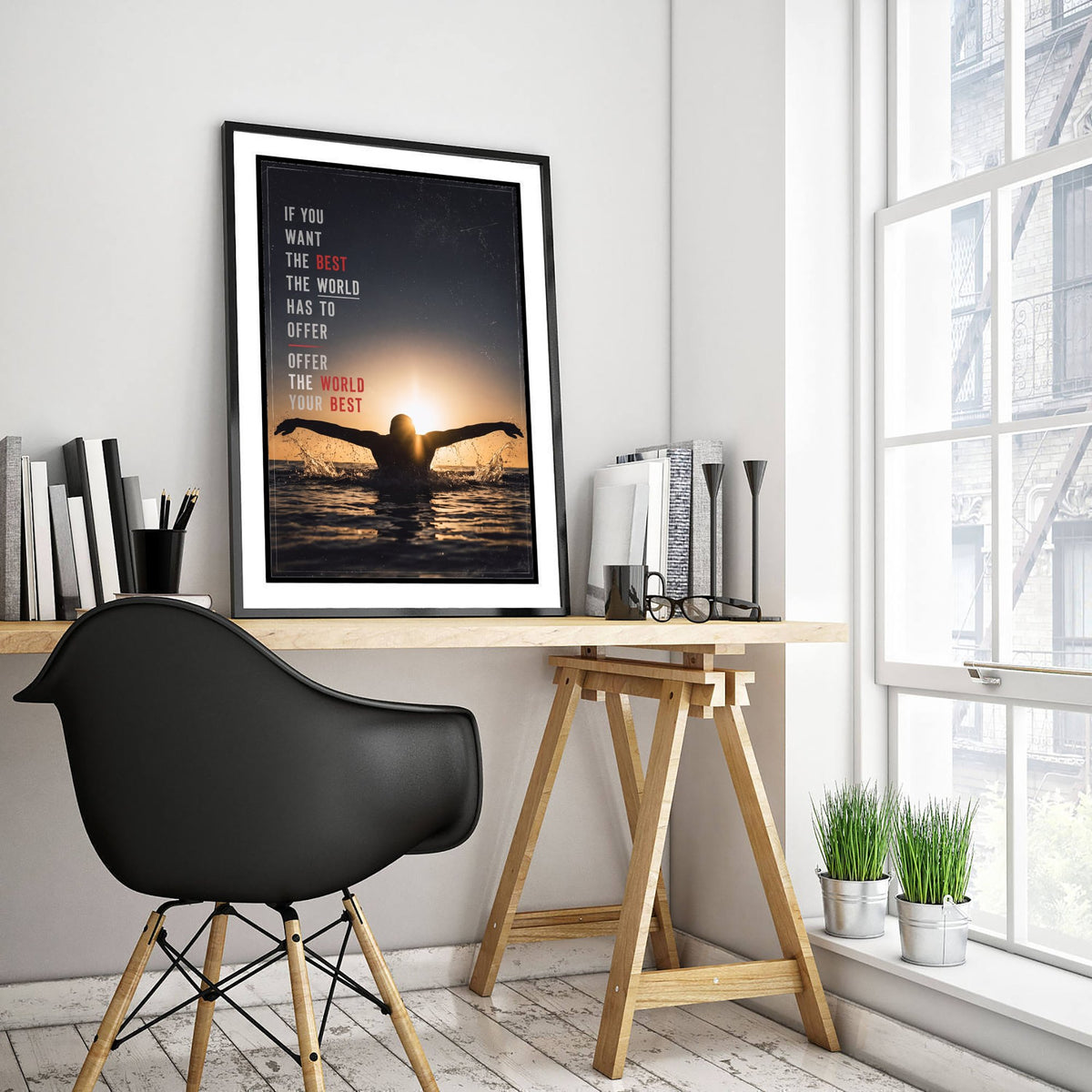 Swimming Motivation Poster - Offer the World Your Best Quote - Butterfly Stroke Sunset Photo Art Print - Golden Light Swimmer 2/3