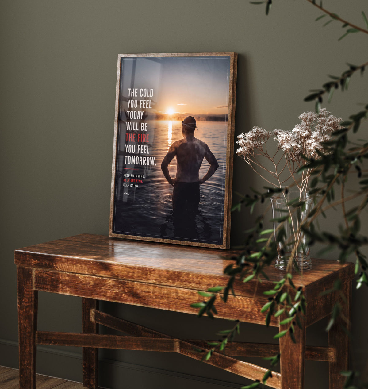 Swimming Motivational Print - The Cold You Feel Today Will Be the Fire Quote - Cold Water Swimmer Sunrise Photo Poster 3/3