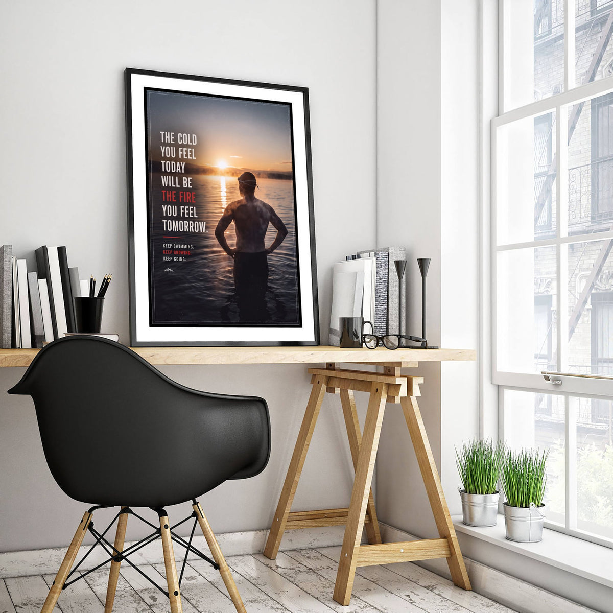 Swimming Motivational Print - The Cold You Feel Today Will Be the Fire Quote - Cold Water Swimmer Sunrise Photo Poster 3/3