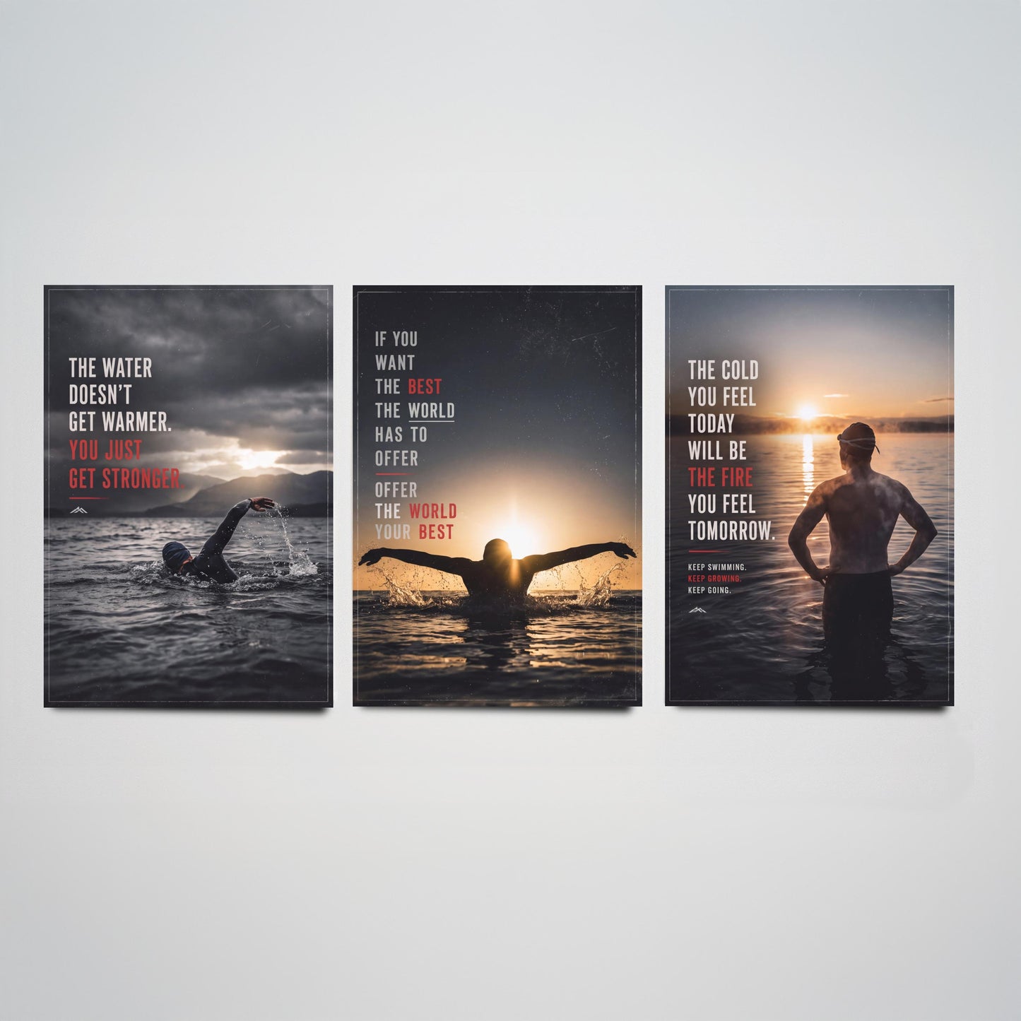 Swimming Motivation Set of Three Prints - 3 Inspirational Quote Posters - Open Water Swimmer Photo Wall Art - Get Stronger Quotes