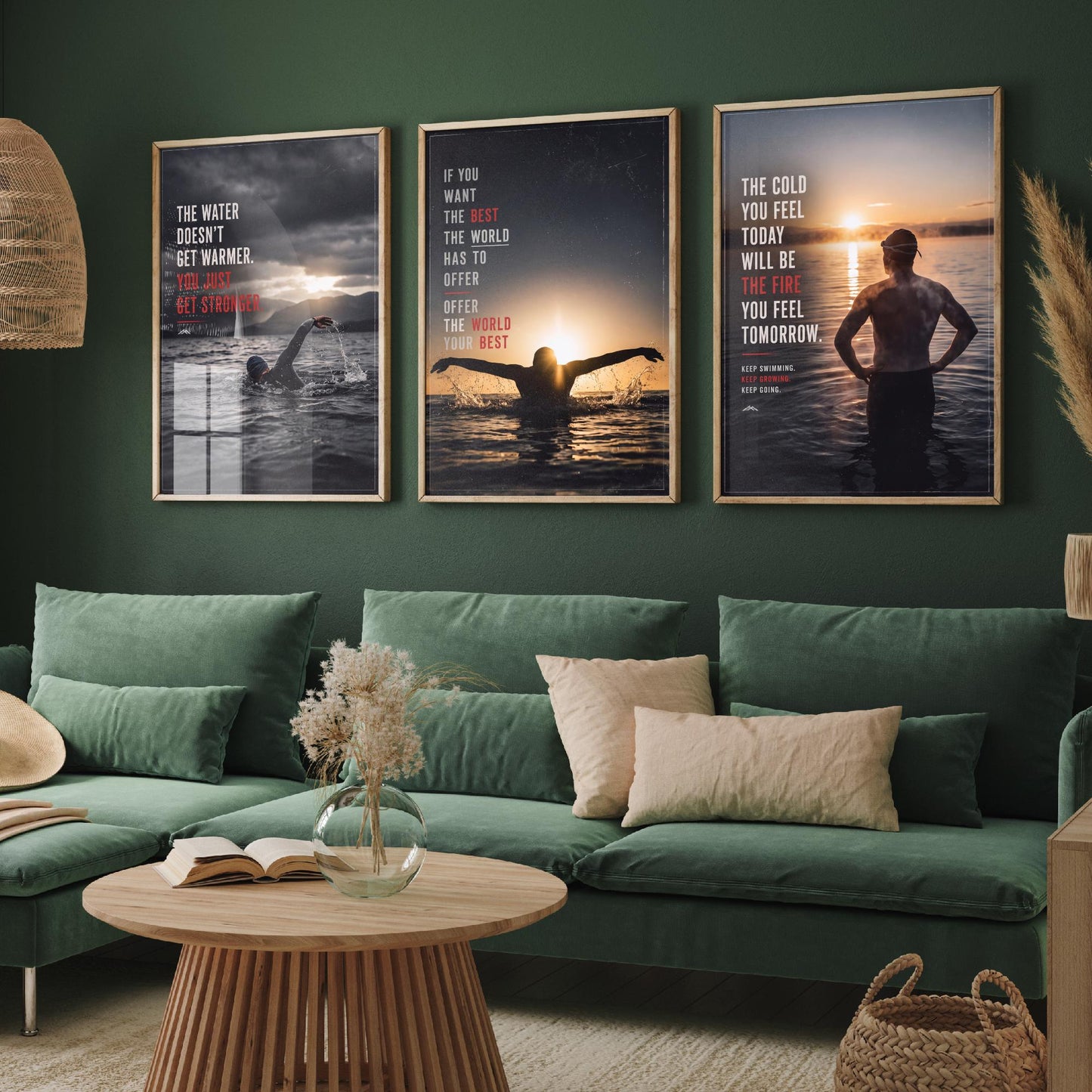 Swimming Motivation Set of Three Prints - 3 Inspirational Quote Posters - Open Water Swimmer Photo Wall Art - Get Stronger Quotes