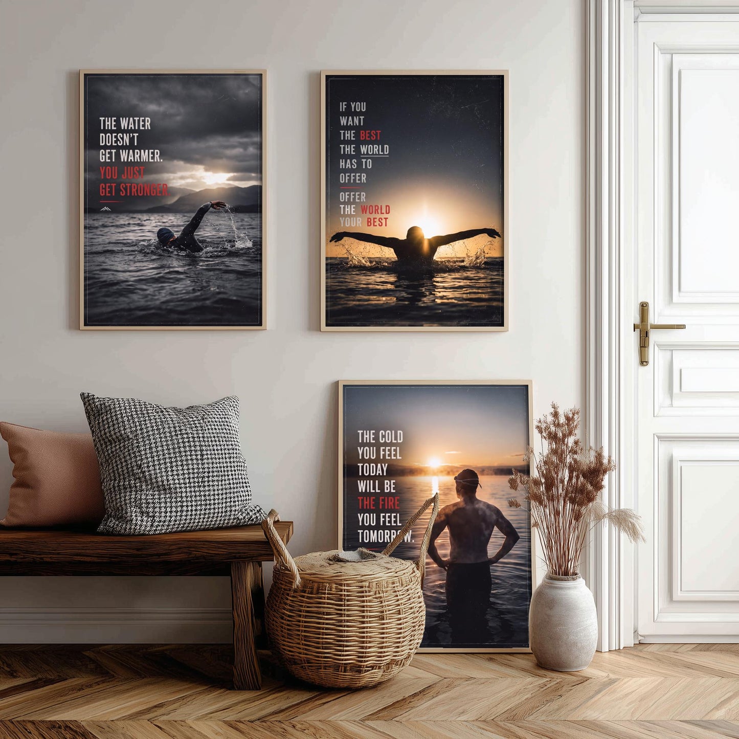 Swimming Motivation Set of Three Prints - 3 Inspirational Quote Posters - Open Water Swimmer Photo Wall Art - Get Stronger Quotes