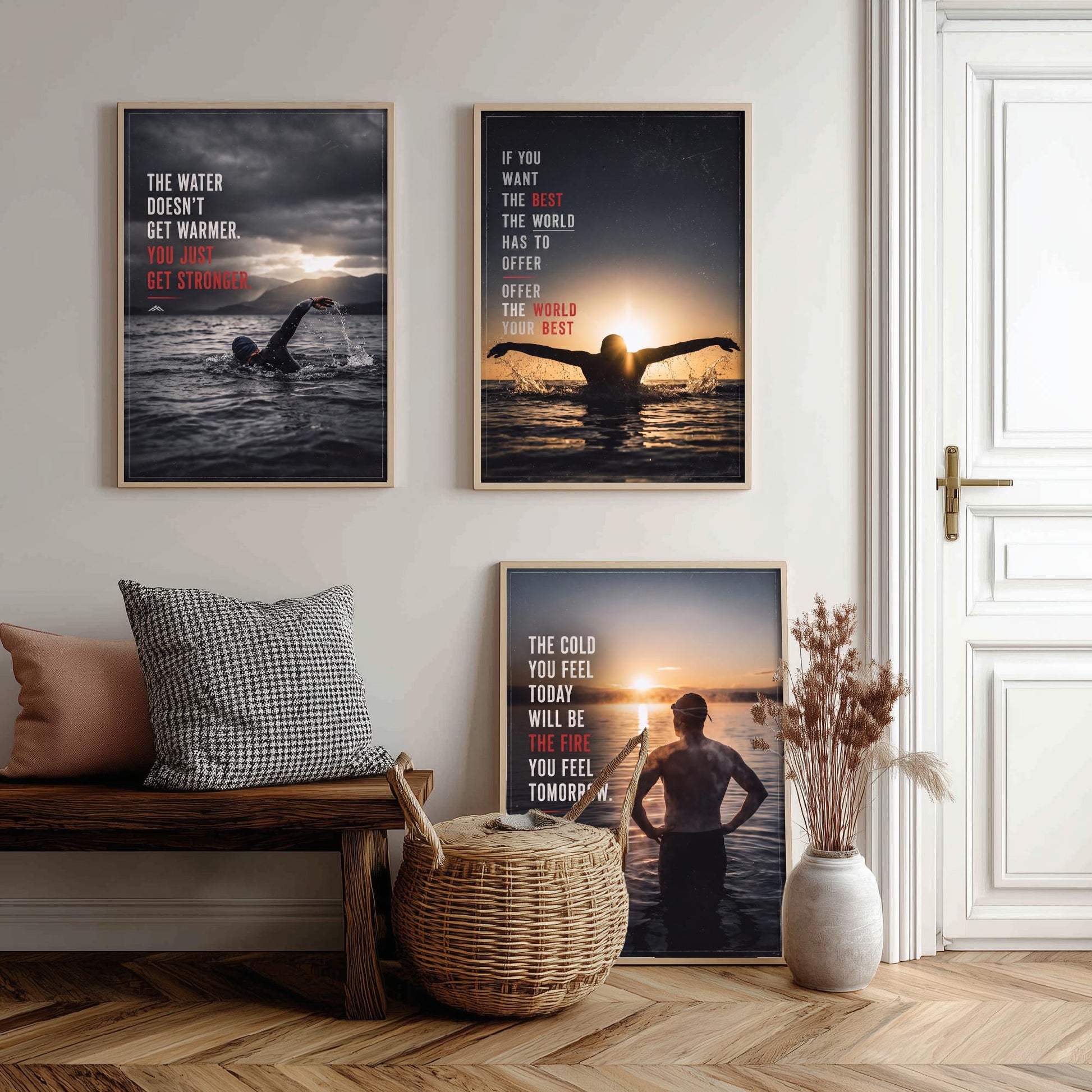 Swimming Motivation Set of Three Prints - 3 Inspirational Quote Posters - Open Water Swimmer Photo Wall Art - Get Stronger Quotes