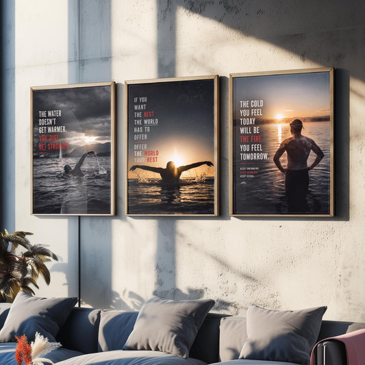 Swimming Motivation Set of Three Prints - 3 Inspirational Quote Posters - Open Water Swimmer Photo Wall Art - Get Stronger Quotes