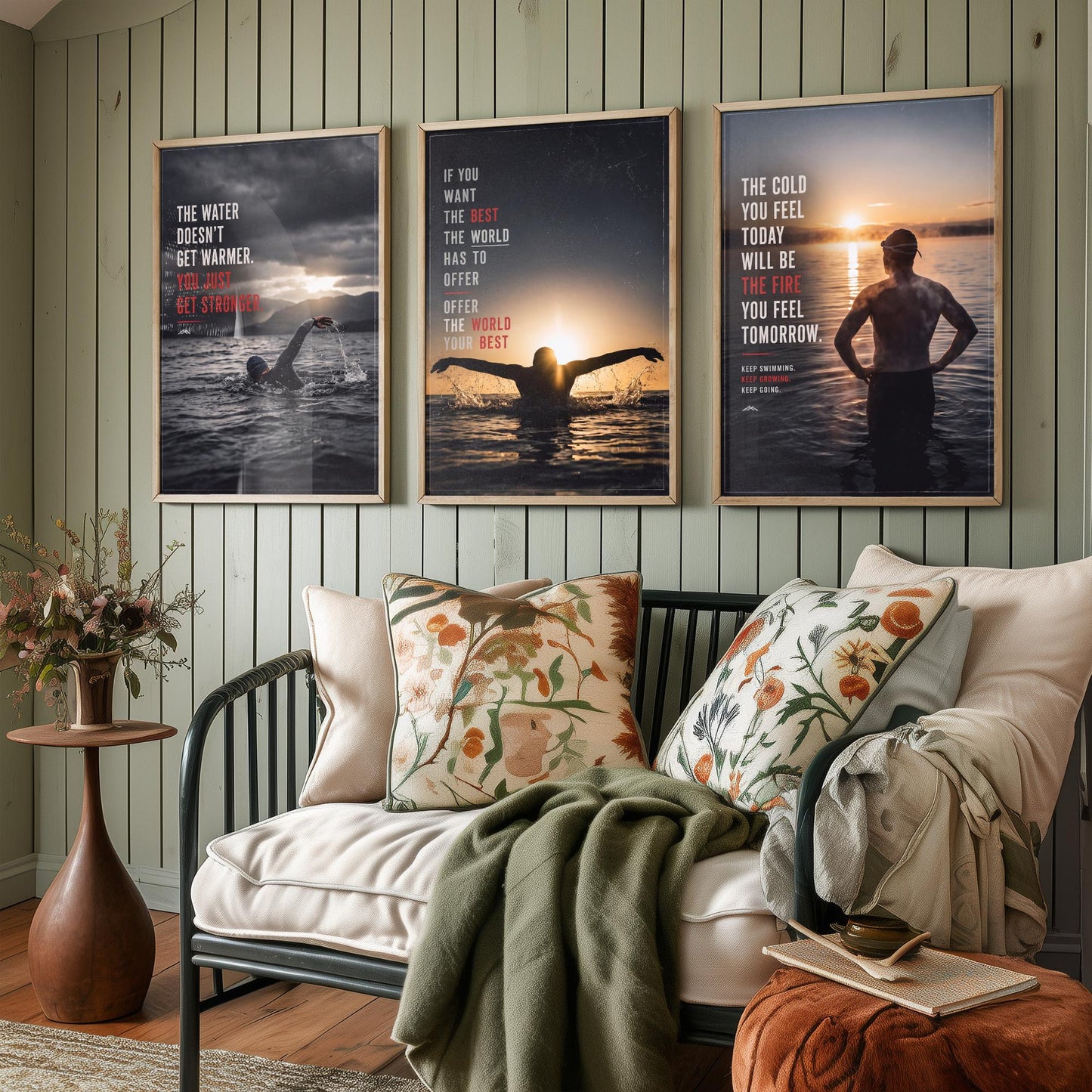 Swimming Motivation Set of Three Prints - 3 Inspirational Quote Posters - Open Water Swimmer Photo Wall Art - Get Stronger Quotes