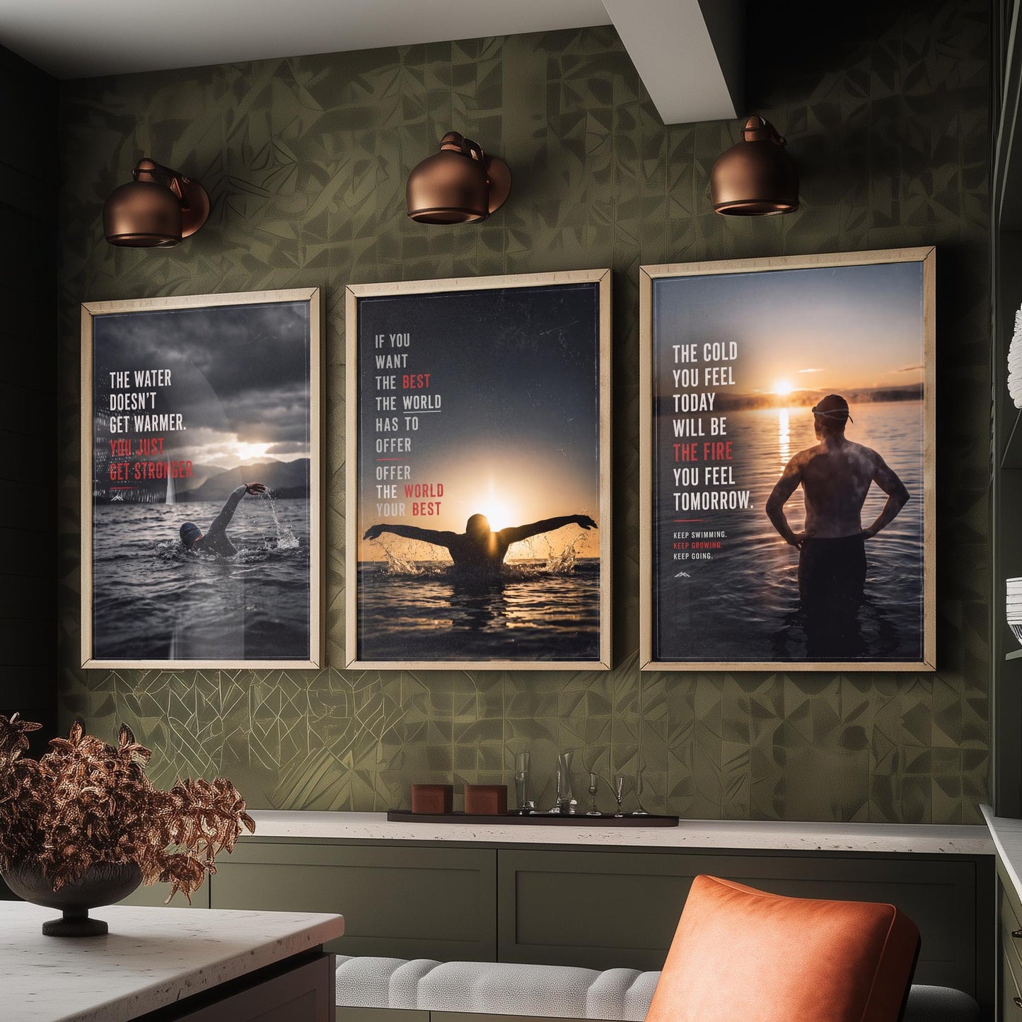 Swimming Motivation Set of Three Prints - 3 Inspirational Quote Posters - Open Water Swimmer Photo Wall Art - Get Stronger Quotes