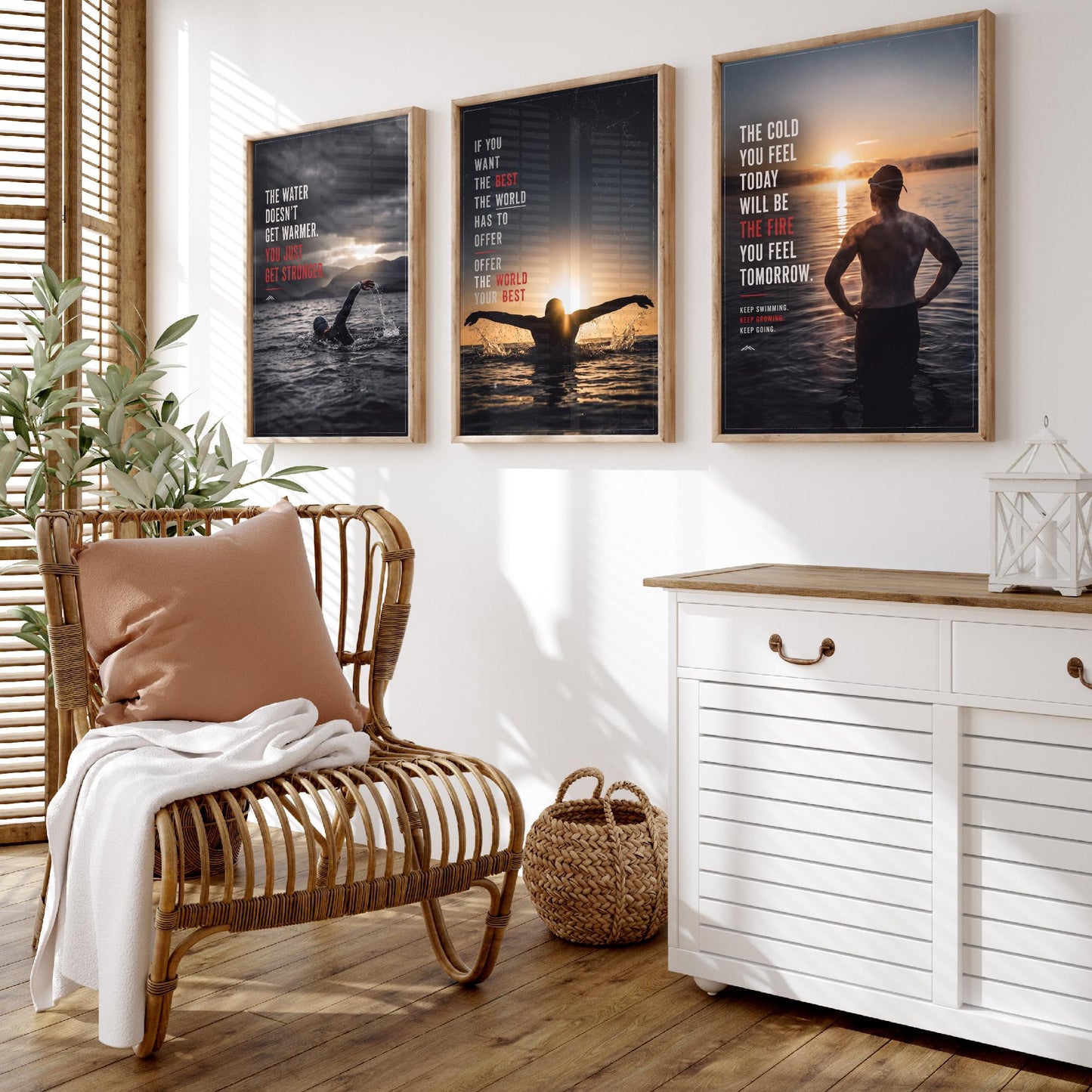 Swimming Motivation Set of Three Prints - 3 Inspirational Quote Posters - Open Water Swimmer Photo Wall Art - Get Stronger Quotes