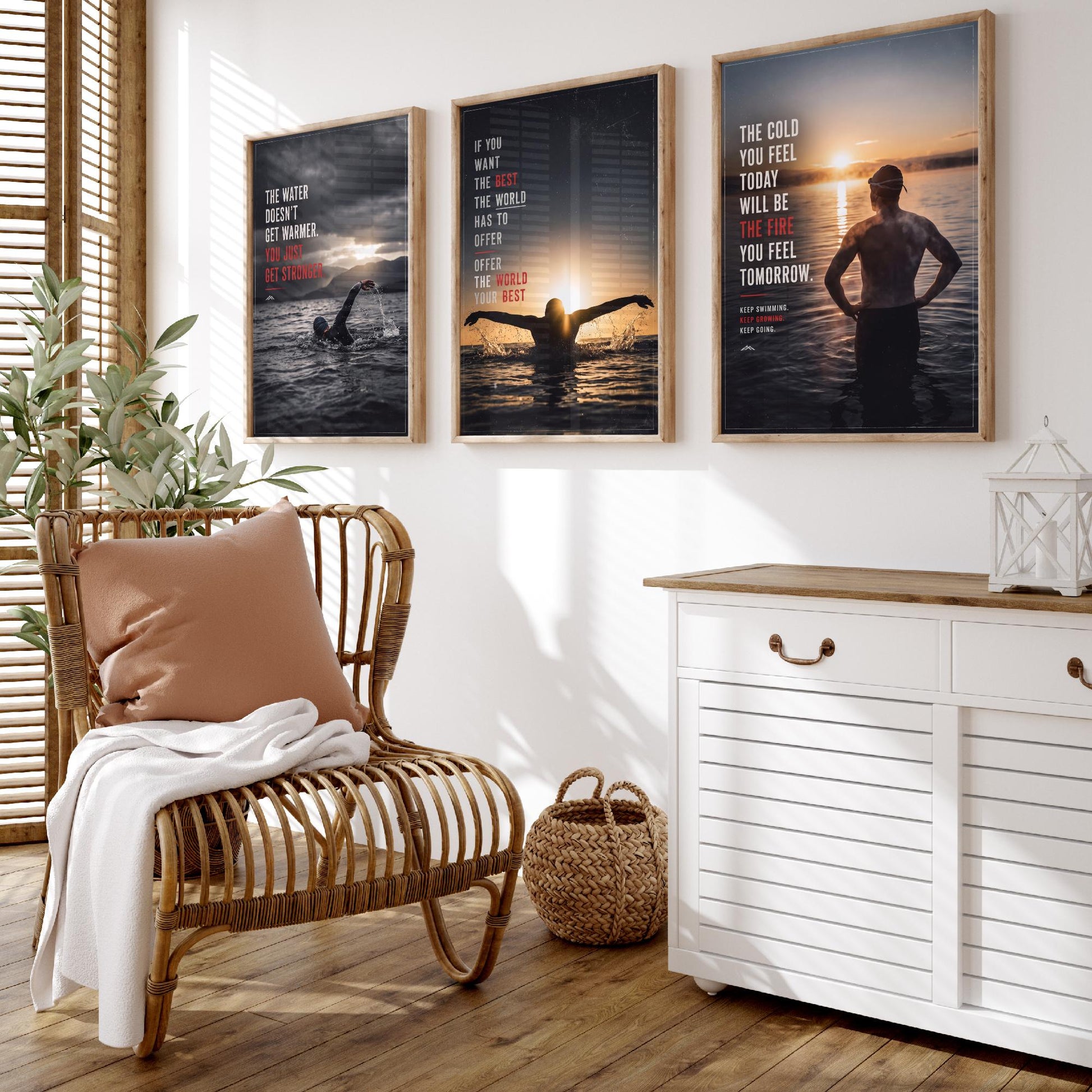 Swimming Motivation Set of Three Prints - 3 Inspirational Quote Posters - Open Water Swimmer Photo Wall Art - Get Stronger Quotes