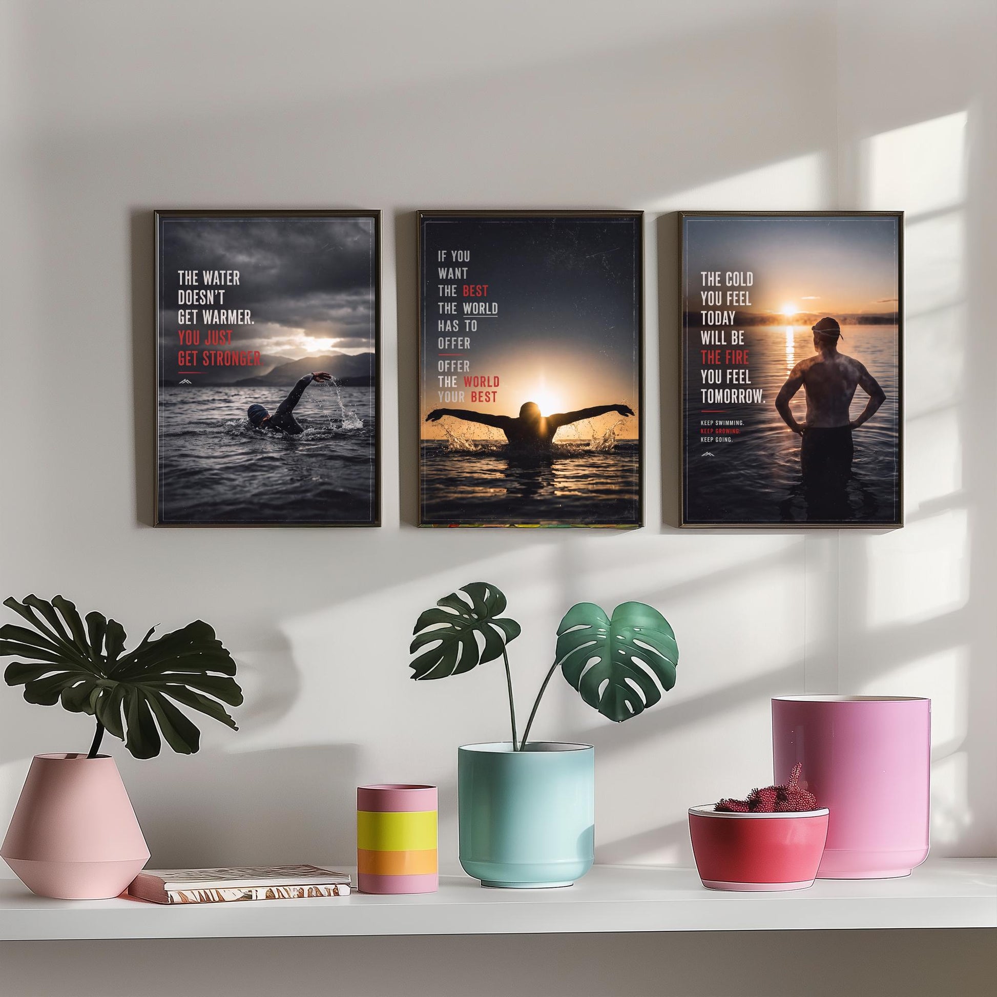 Swimming Motivation Set of Three Prints - 3 Inspirational Quote Posters - Open Water Swimmer Photo Wall Art - Get Stronger Quotes