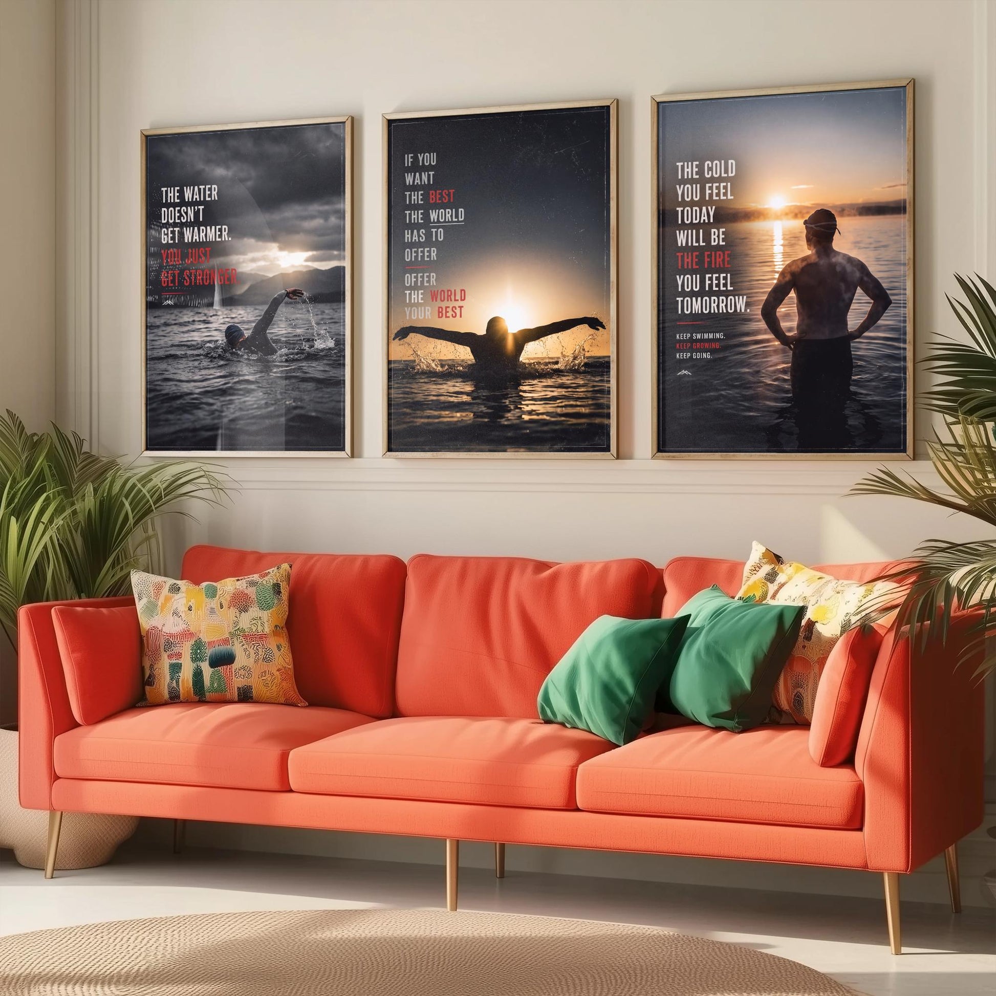 Swimming Motivation Set of Three Prints - 3 Inspirational Quote Posters - Open Water Swimmer Photo Wall Art - Get Stronger Quotes