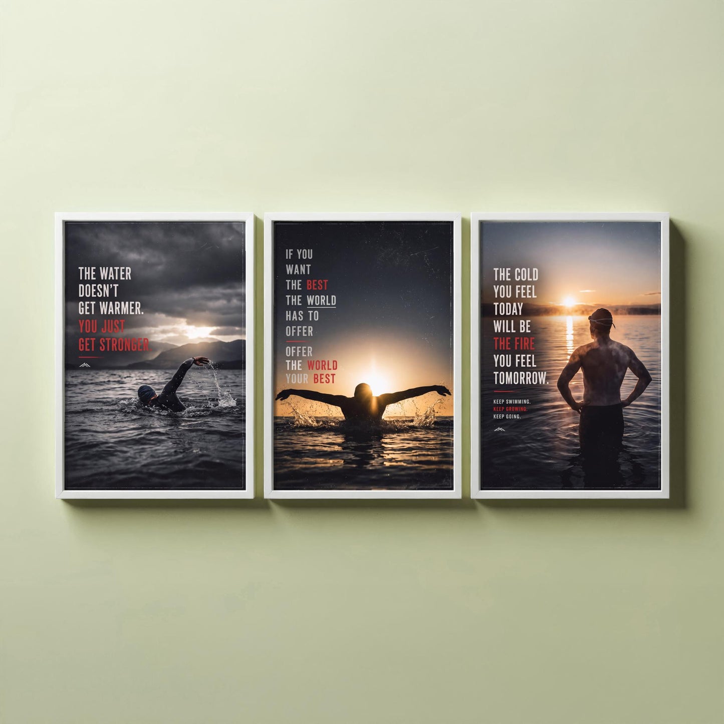Swimming Motivation Set of Three Prints - 3 Inspirational Quote Posters - Open Water Swimmer Photo Wall Art - Get Stronger Quotes