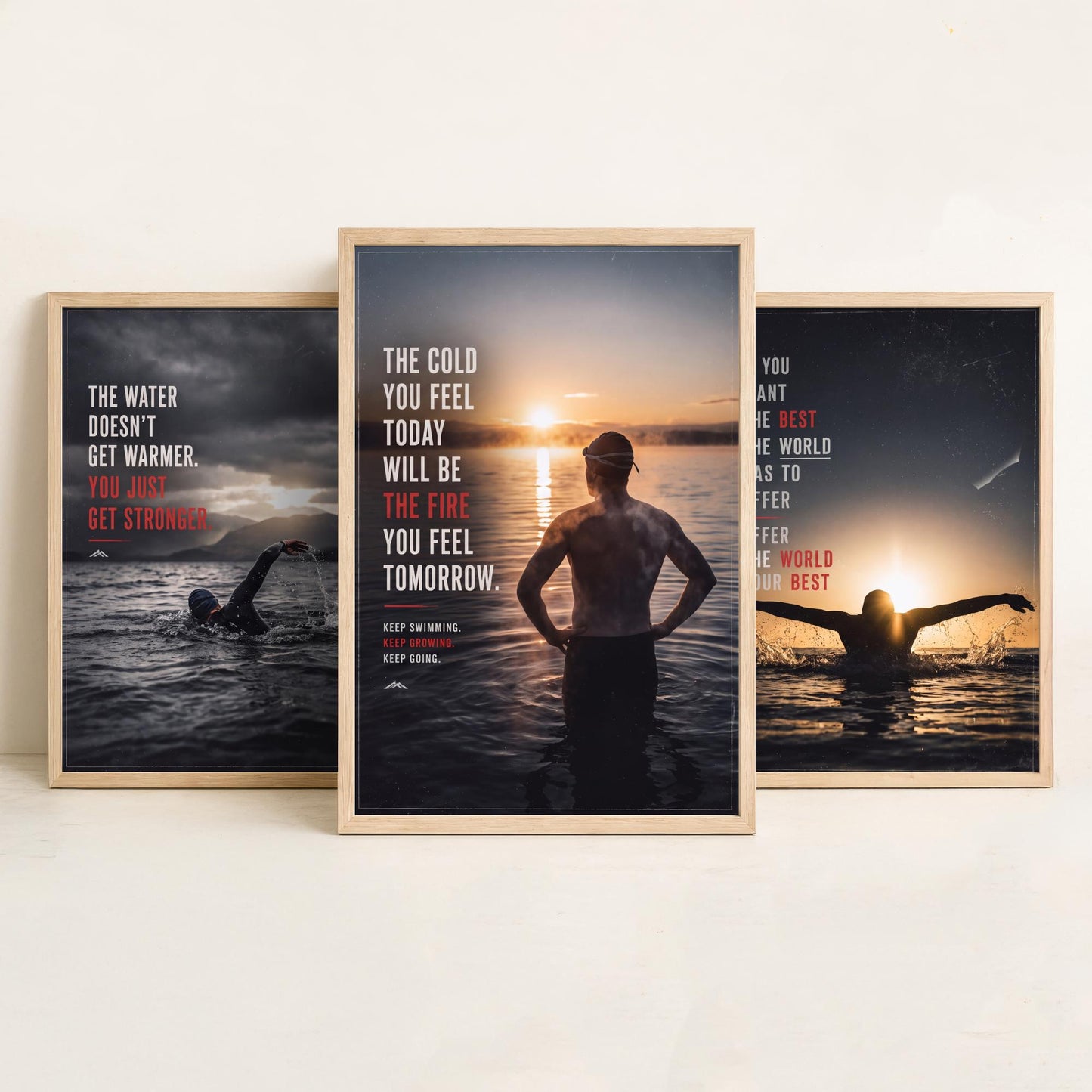 Swimming Motivation Set of Three Prints - 3 Inspirational Quote Posters - Open Water Swimmer Photo Wall Art - Get Stronger Quotes