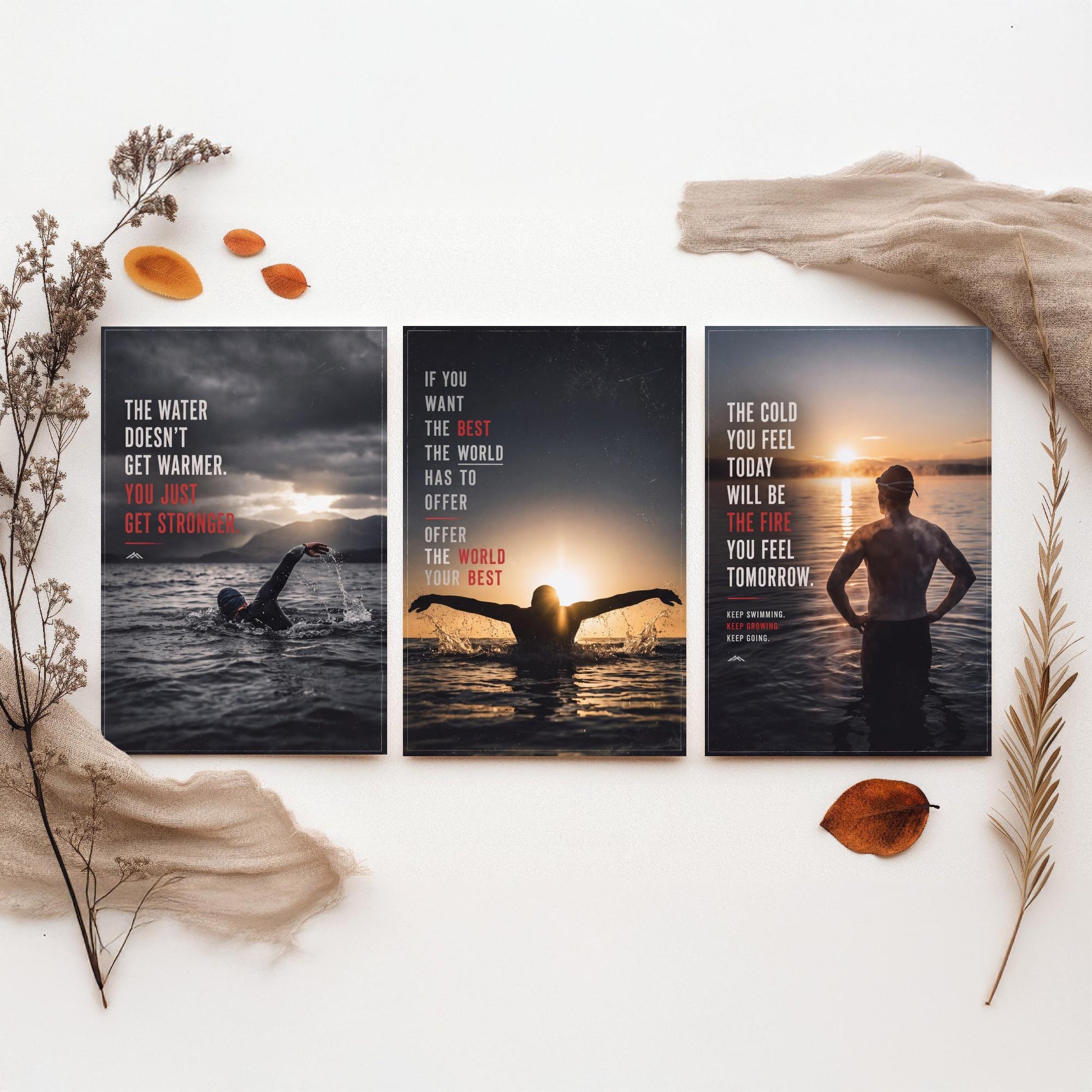 Swimming Motivation Set of Three Prints - 3 Inspirational Quote Posters - Open Water Swimmer Photo Wall Art - Get Stronger Quotes