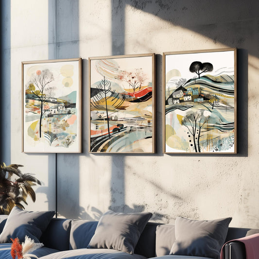 Swirly Landscapes with Houses Set of Three Art Prints - Beige, Black and Ochre - Abstract Mid Century Poster Illustration