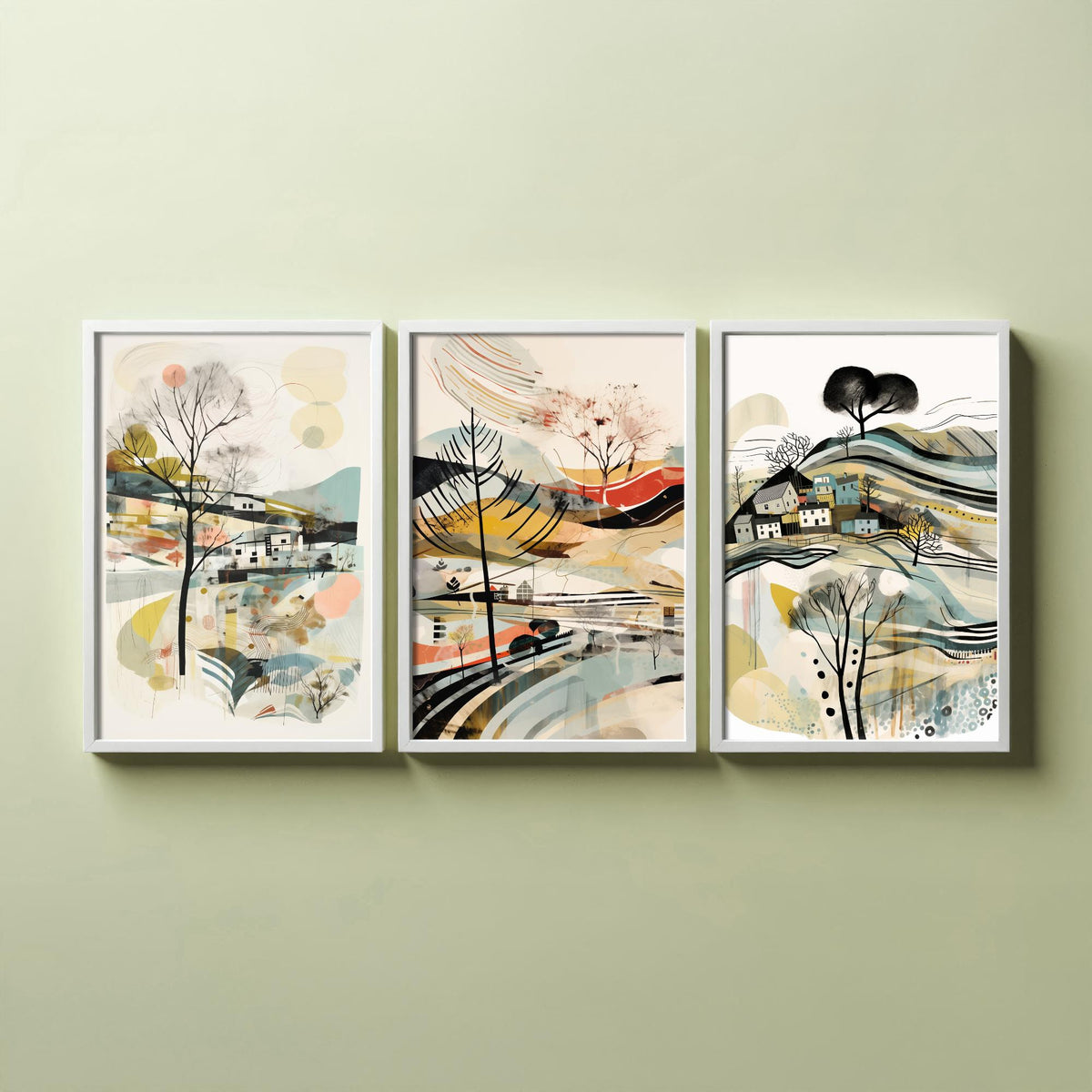 Swirly Landscapes with Houses Set of Three Art Prints - Beige, Black and Ochre - Abstract Mid Century Poster Illustration