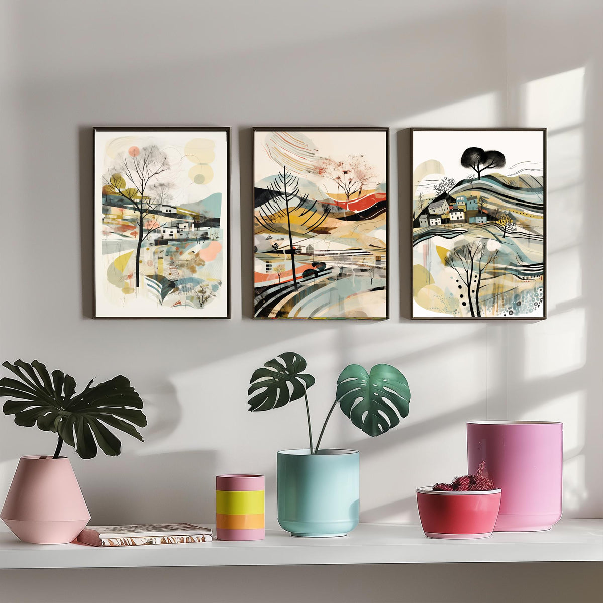 Swirly Landscapes with Houses Set of Three Art Prints - Beige, Black and Ochre - Abstract Mid Century Poster Illustration