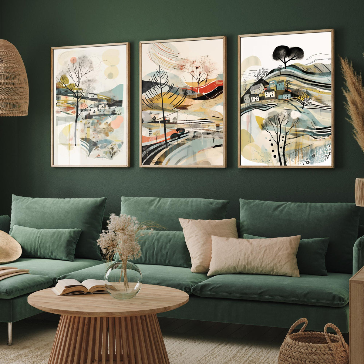 Swirly Landscapes with Houses Set of Three Art Prints - Beige, Black and Ochre - Abstract Mid Century Poster Illustration
