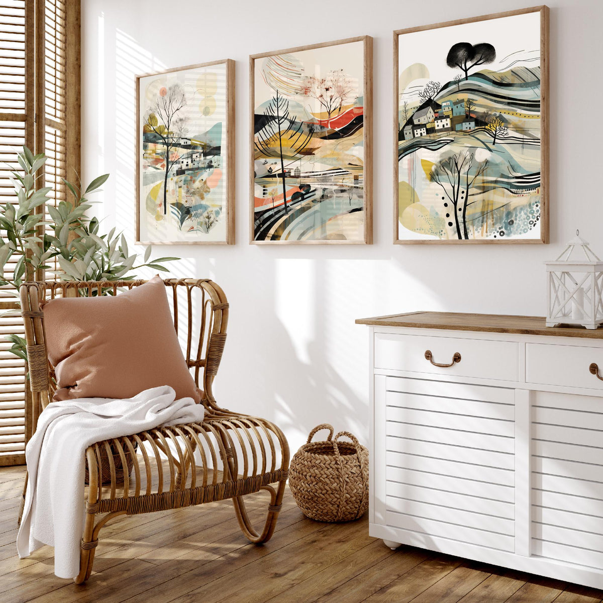 Swirly Landscapes with Houses Set of Three Art Prints - Beige, Black and Ochre - Abstract Mid Century Poster Illustration