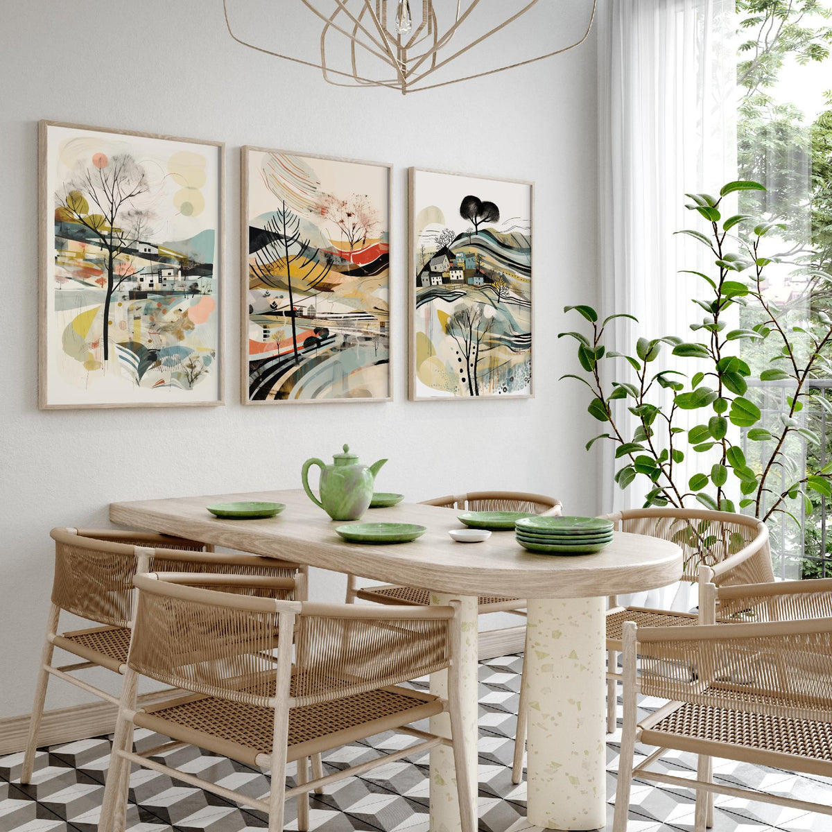 Swirly Landscapes with Houses Set of Three Art Prints - Beige, Black and Ochre - Abstract Mid Century Poster Illustration