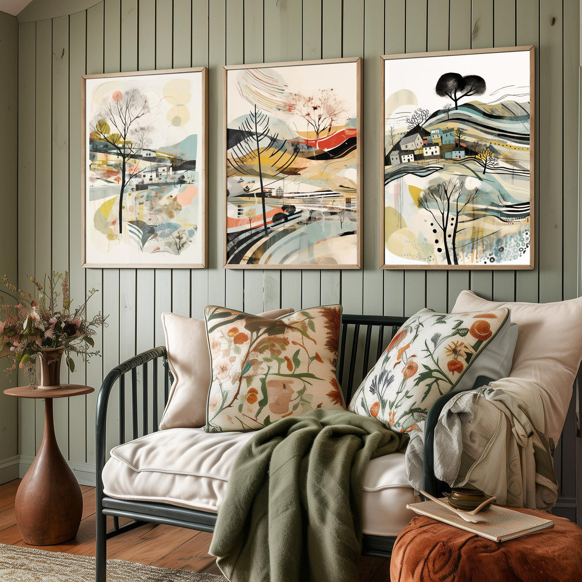Swirly Landscapes with Houses Set of Three Art Prints - Beige, Black and Ochre - Abstract Mid Century Poster Illustration