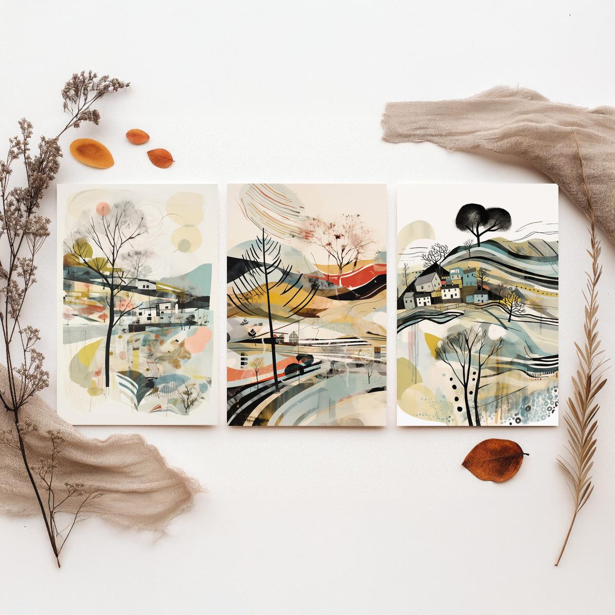 Swirly Landscapes with Houses Set of Three Art Prints - Beige, Black and Ochre - Abstract Mid Century Poster Illustration