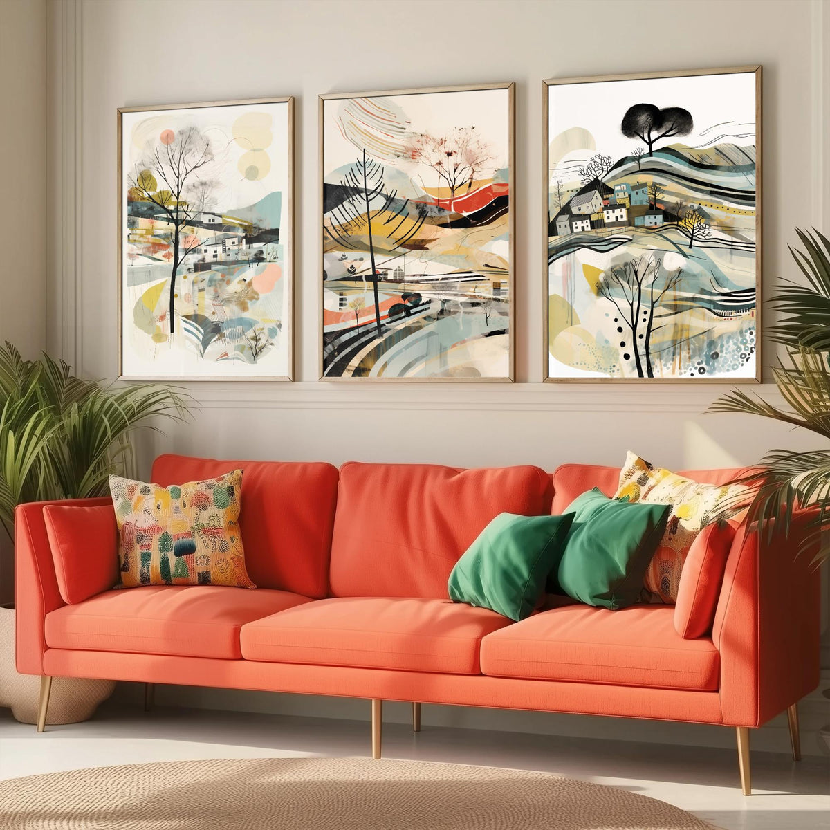Swirly Landscapes with Houses Set of Three Art Prints - Beige, Black and Ochre - Abstract Mid Century Poster Illustration