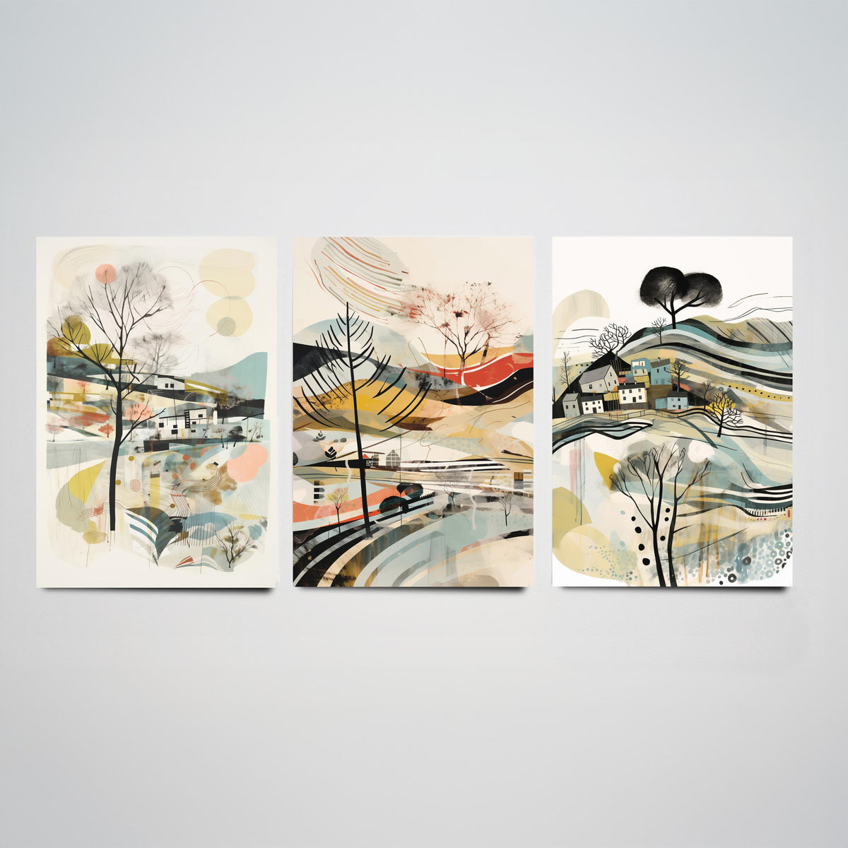 Swirly Landscapes with Houses Set of Three Art Prints - Beige, Black and Ochre - Abstract Mid Century Poster Illustration