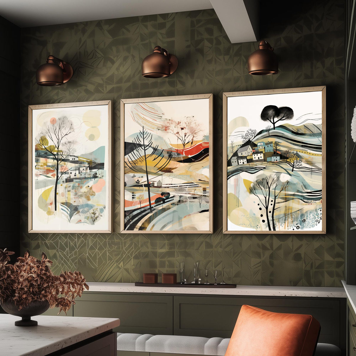 Swirly Landscapes with Houses Set of Three Art Prints - Beige, Black and Ochre - Abstract Mid Century Poster Illustration