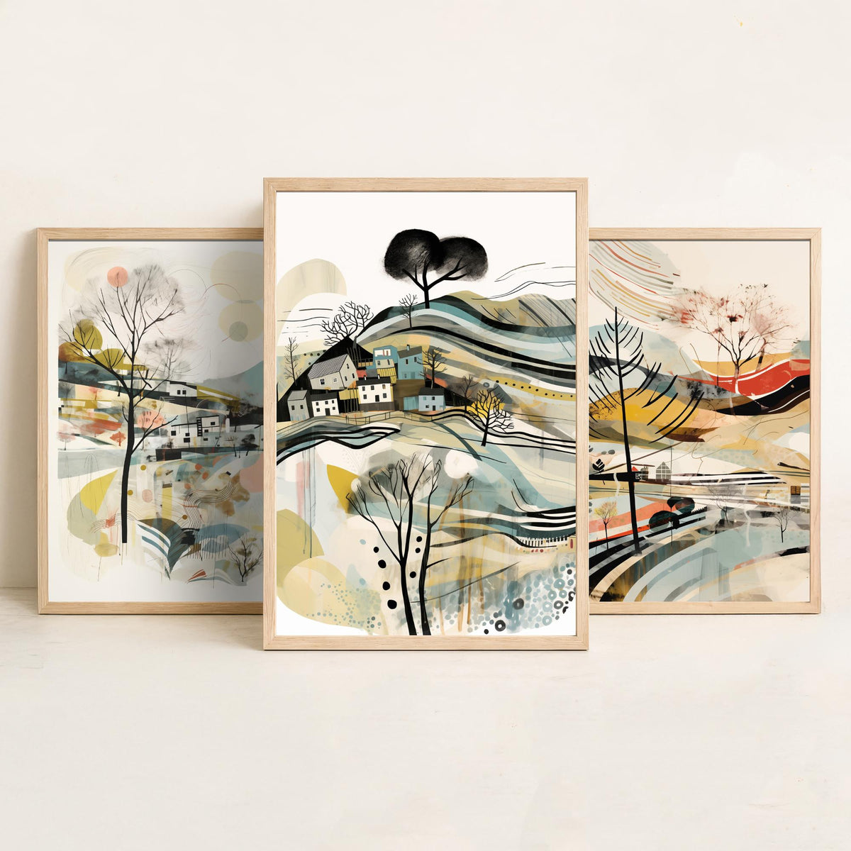 Swirly Landscapes with Houses Set of Three Art Prints - Beige, Black and Ochre - Abstract Mid Century Poster Illustration