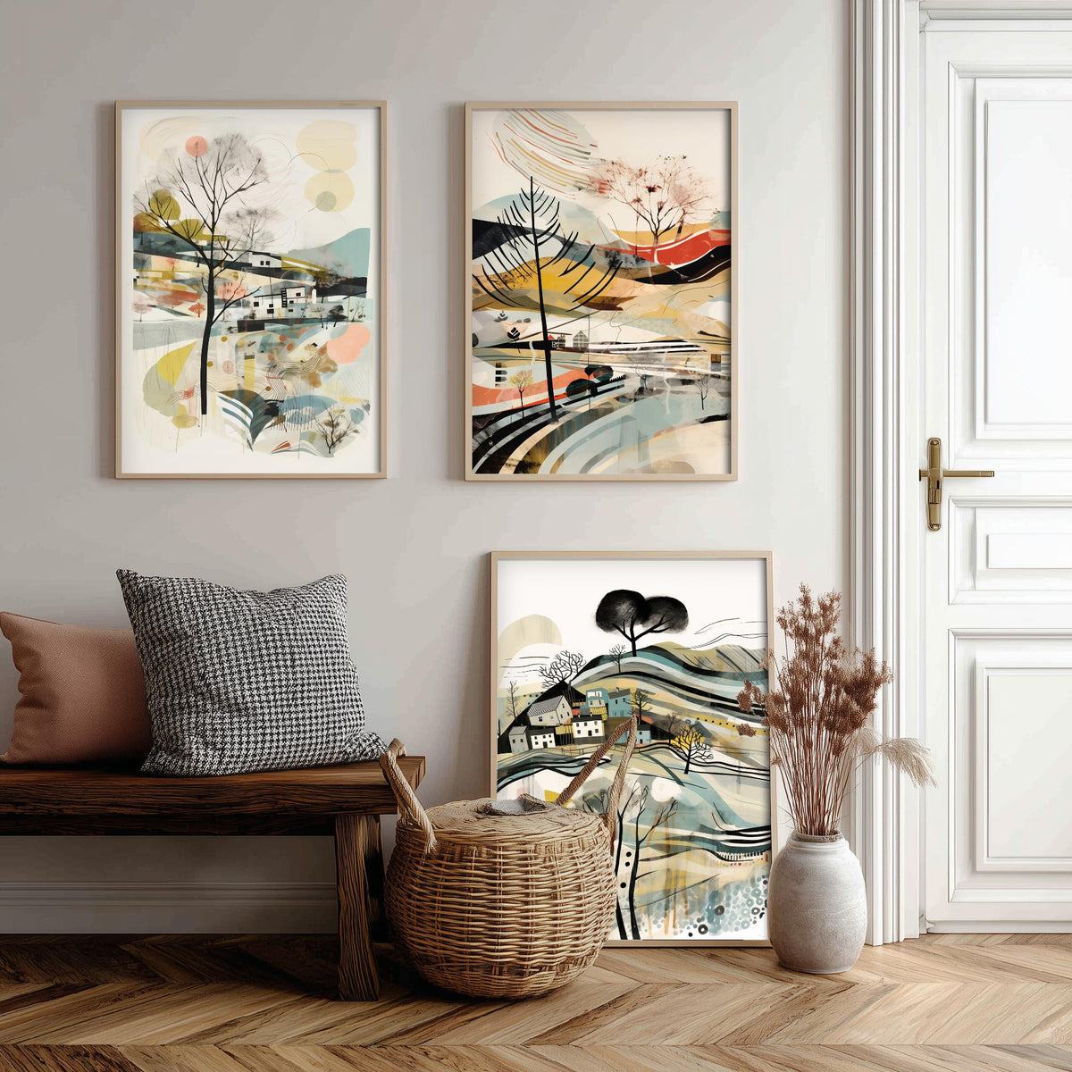 Swirly Landscapes with Houses Set of Three Art Prints - Beige, Black and Ochre - Abstract Mid Century Poster Illustration