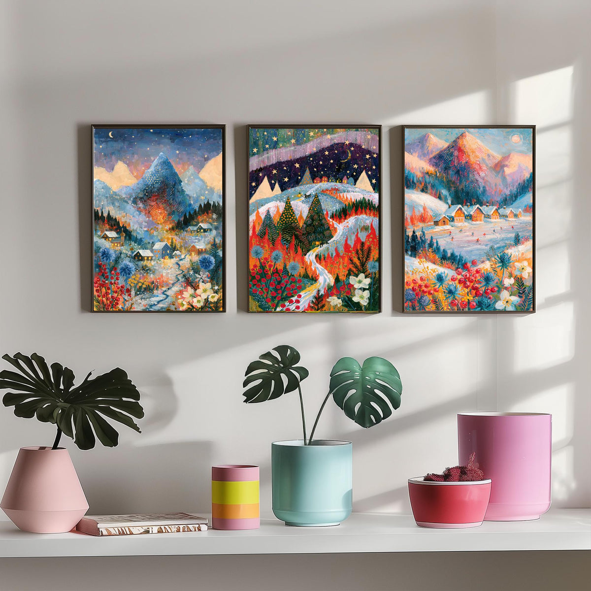 Swiss Alps and Lapland Winter Set of Three Art Prints - Zermatt, Northern Lights, Grindelwald - Snowy Chalet Paintings - Alpine Posters