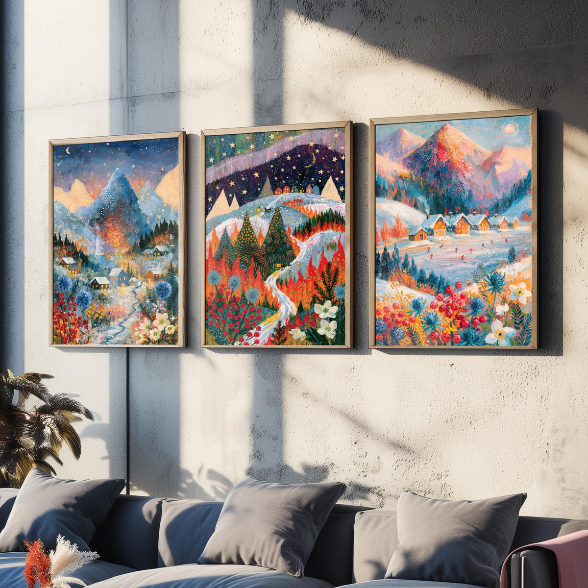 Swiss Alps and Lapland Winter Set of Three Art Prints - Zermatt, Northern Lights, Grindelwald - Snowy Chalet Paintings - Alpine Posters